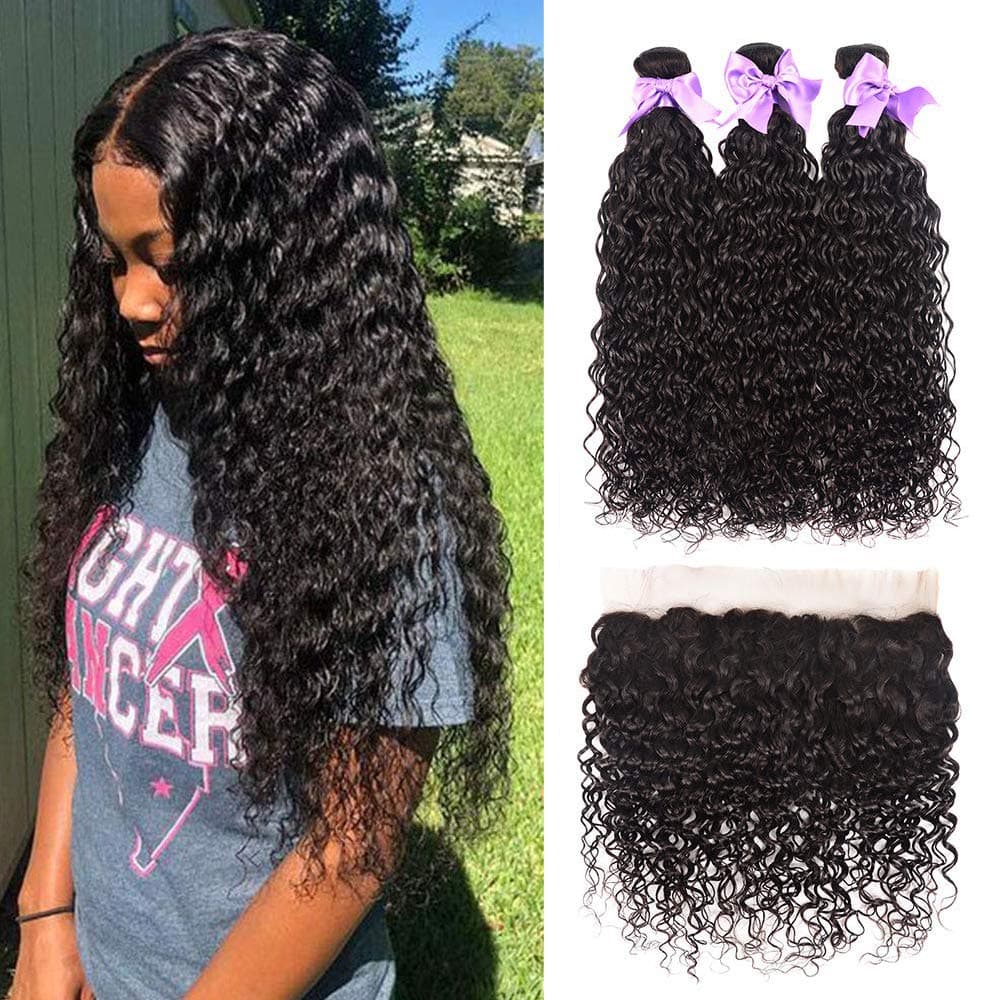 Water Wave 3 Bundles with Frontal 13x4 Free Part Lace Frontal Brazilian Virgin Human Hair 100% Unprocessed Ocean Wave Curly Hair 3 Bundles with Frontal(24 26 28 + 20 frontal)