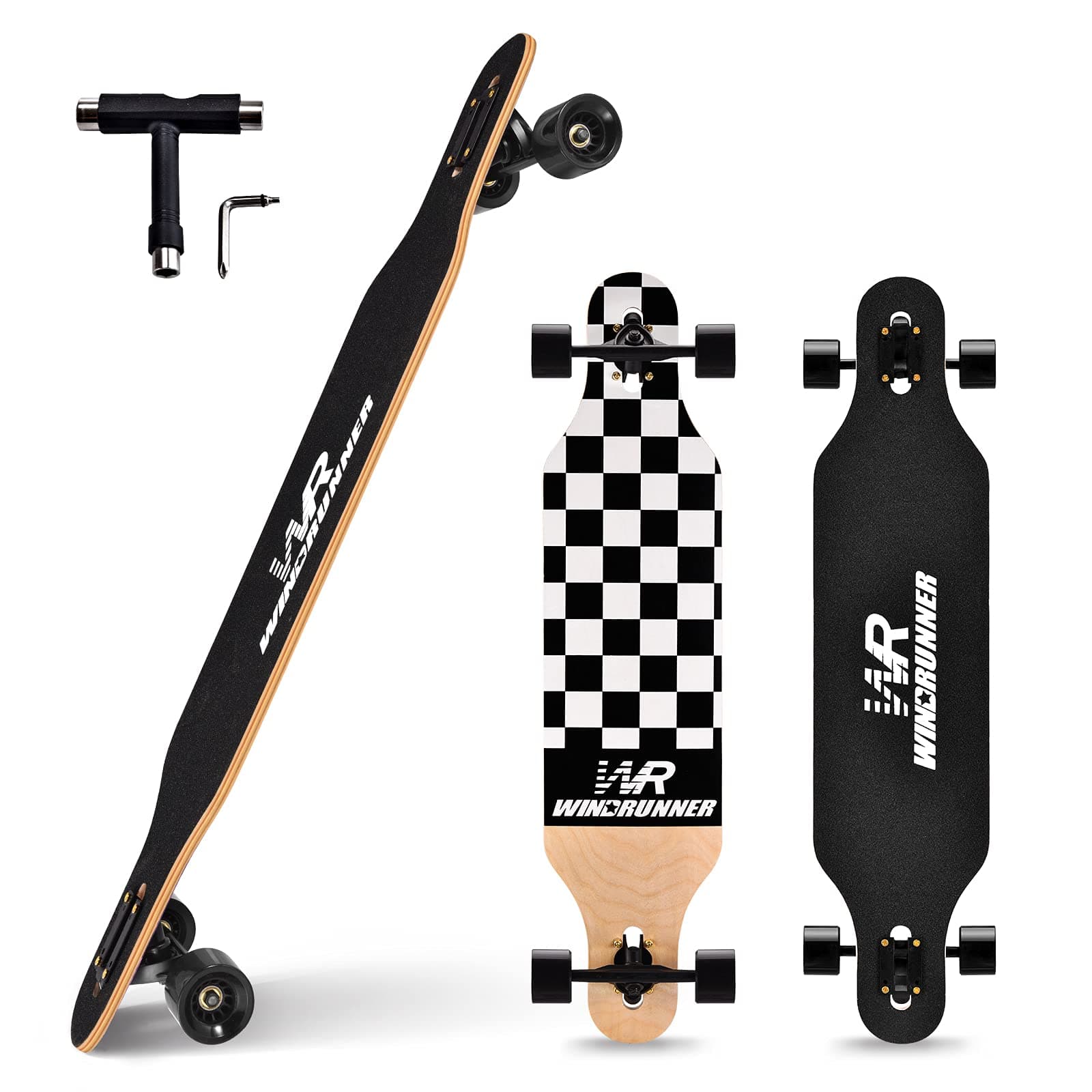 Windrunner 41inch Freeride Longboard Skateboard,8-Ply Natural Maple Drop Through Freestyle Complete Skateboard Cruiser Pintail for Cruising,Carving,Free-Style and Downhill with T-Tool