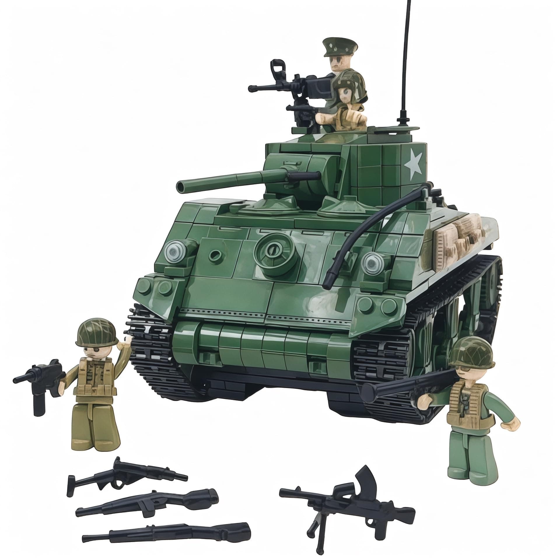 WWII M4A1 Sherman Tank Brick Building Blocks Set, 726 Pieces, 1:29 Scale, Rotating Turret, Moving Tracks, Compatible with Major Brands, GJ-USSH