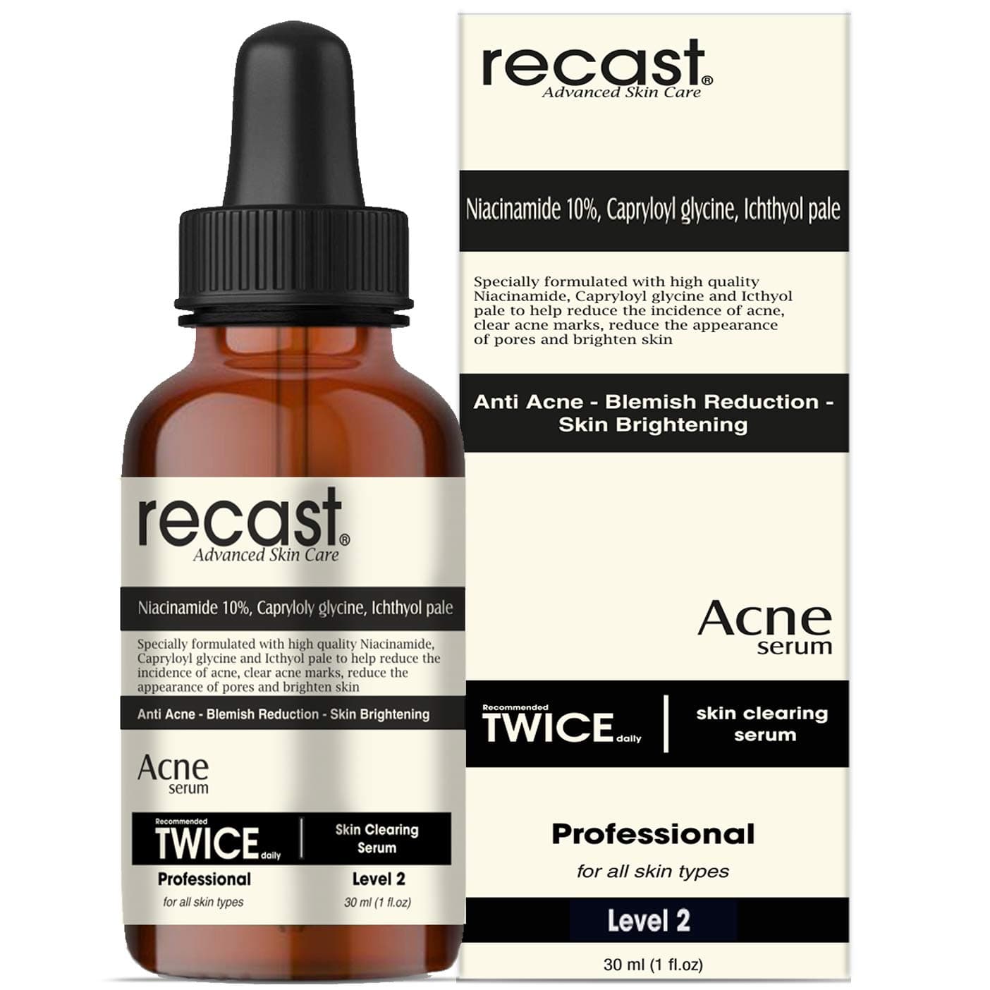 RECAST Skin Brightening/Clearing Serum with Niacinamide 10%, Capryloyl Glycine, Ichthyol Pale - 30ml