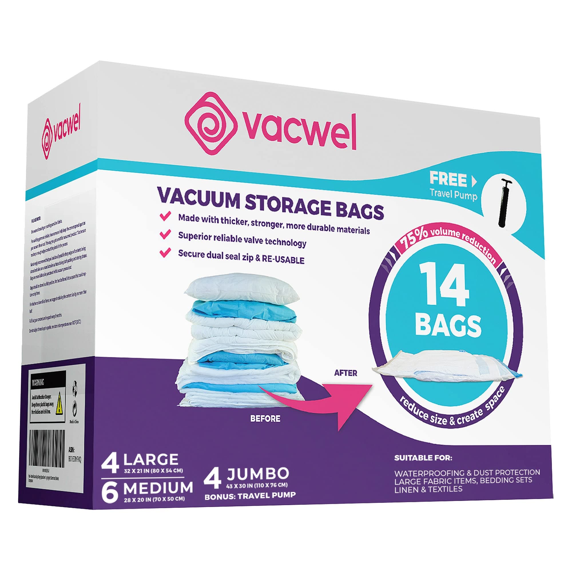 14-Pack Variety - Ziplock Vacuum Storage Bags for Clothes - Space Saver Bags for Packing Clothes - Vacuum Space Bags – 4xJumbo (43x30in) +4xLarge (32x21in) +6xMedium (28x20in) +Bonus Hand Pump