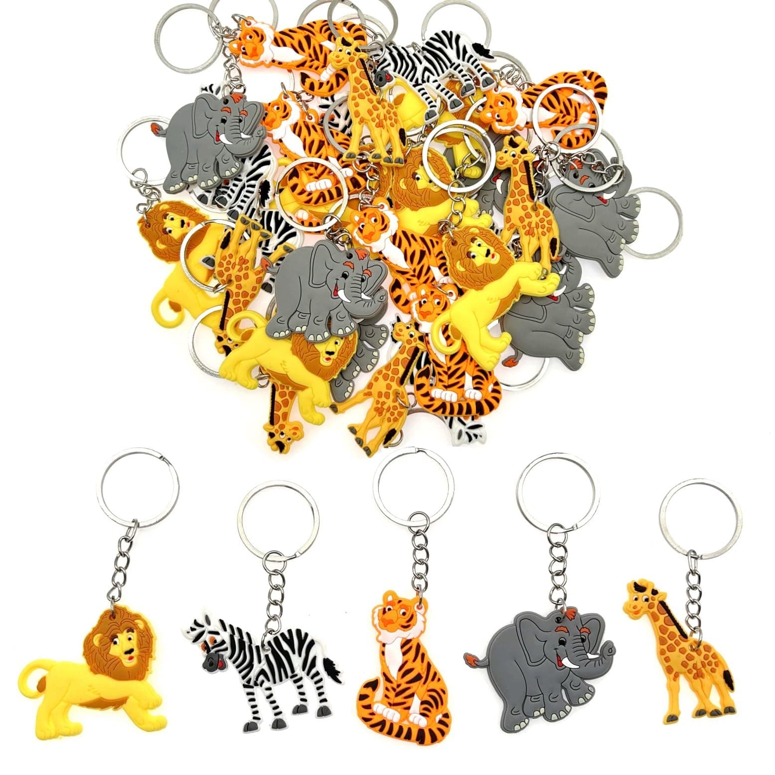 JZK 30x Jungle Animal keyring set for kids party bag fillers, wild animal keychains for children birthday party favours giveaways thankyou gift, zebra tiger lion elephant giraffe key ring