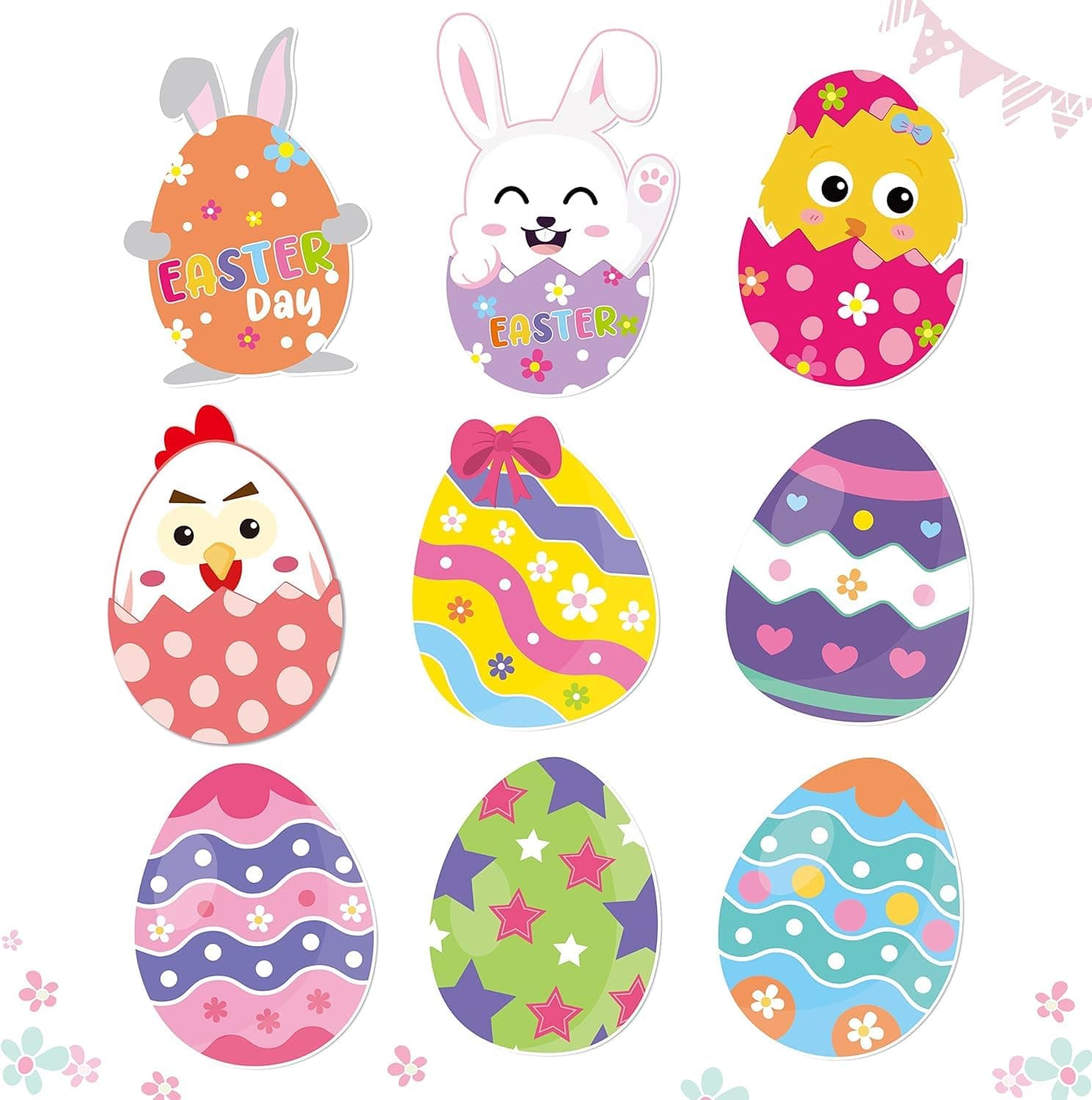 BeYumi 45Pcs Easter Egg Cutouts Bulletin Board Decoration Set Colorful Egg Bunny Chick Decals Stickers DIY Cardstock Paper Cutout Happy Easter Egg Hunt Game Party Supplies Decor for Classroom Bedroom