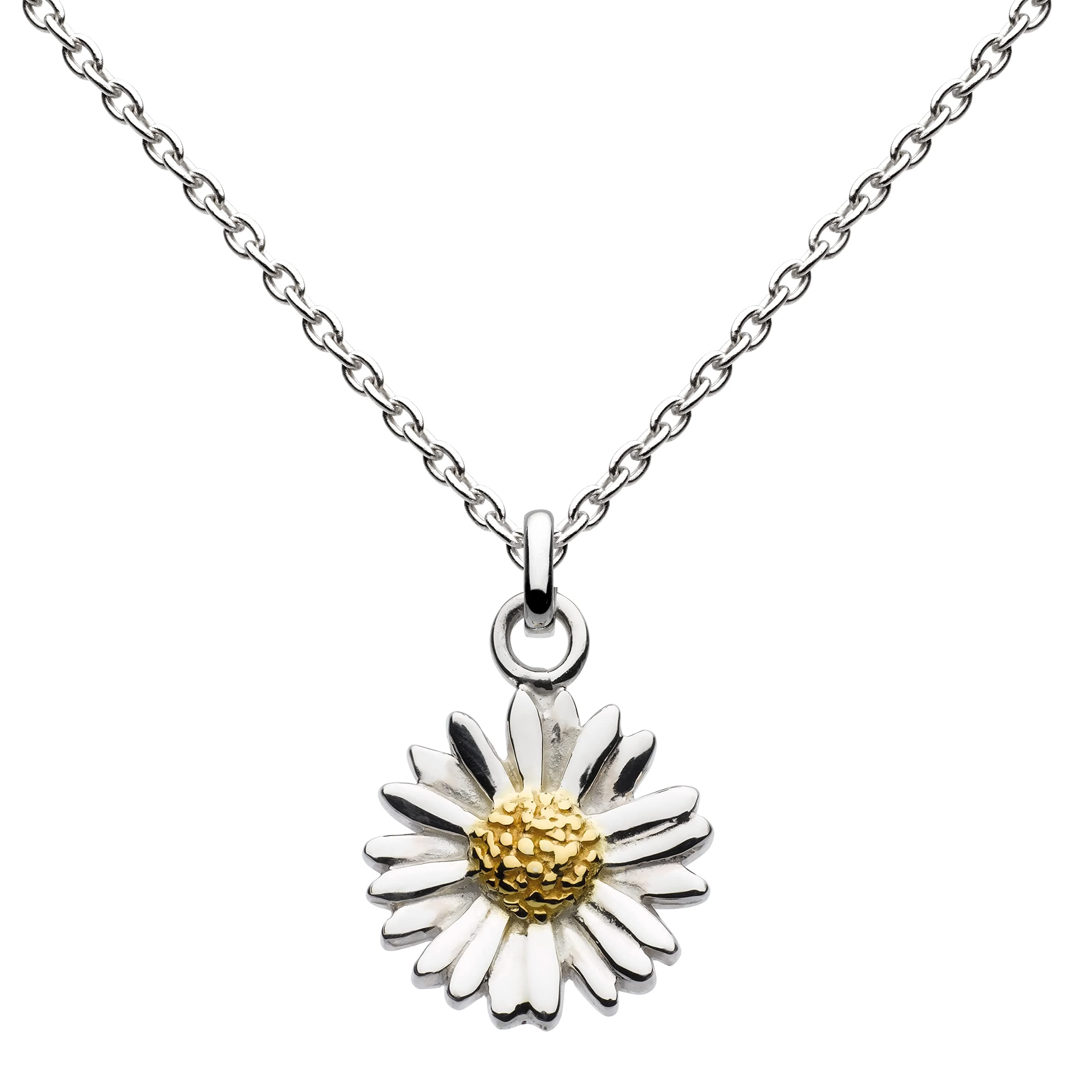 DewSilver & Gold Plated Daisy Pendant Necklace – Two-tone Sterling Silver & Gold Plate, Modern Design, Classic Style, Floral Gift Idea for Nature Lovers