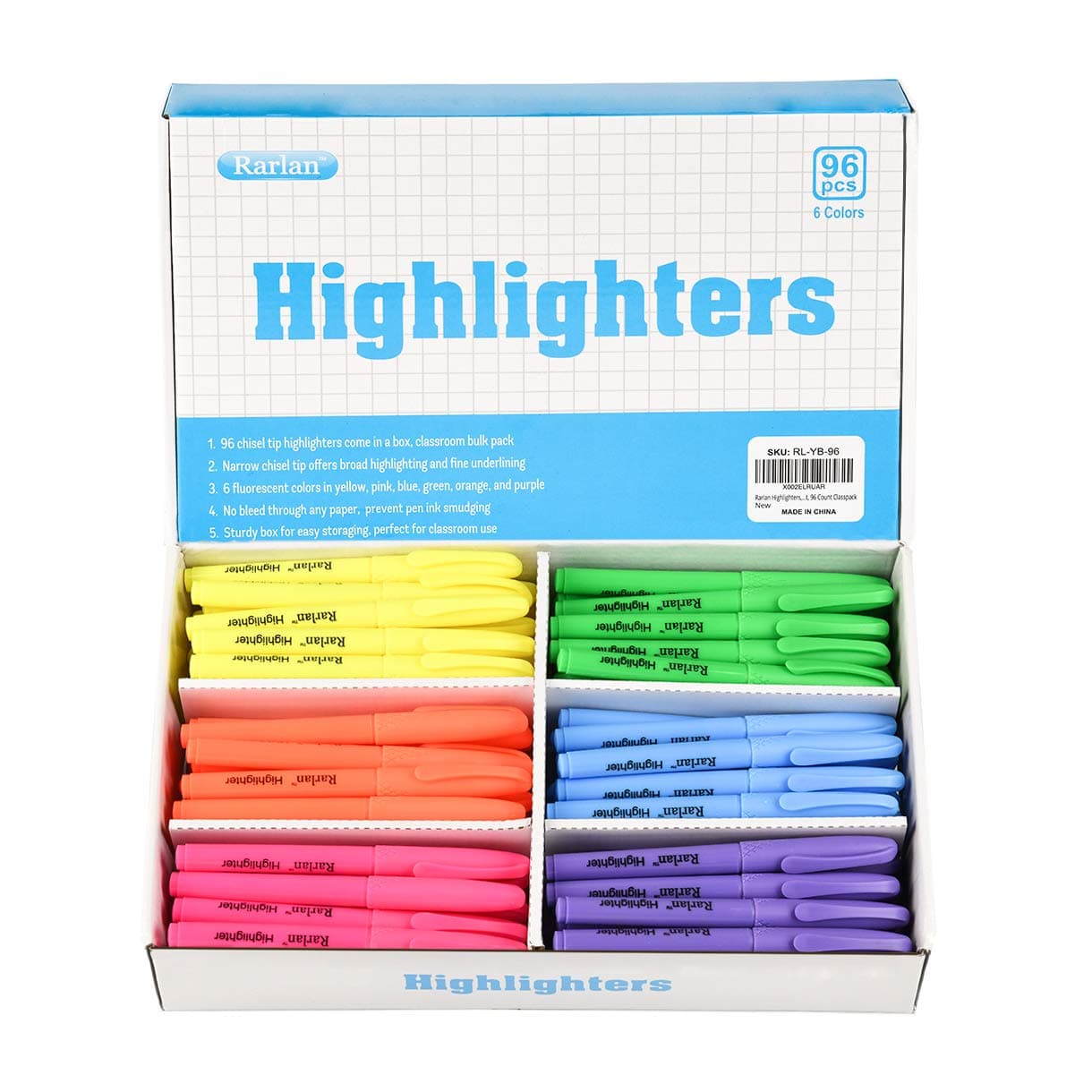 Highlighters, Chisel Tip, Assorted Fluorescent, 96 Count Classpack