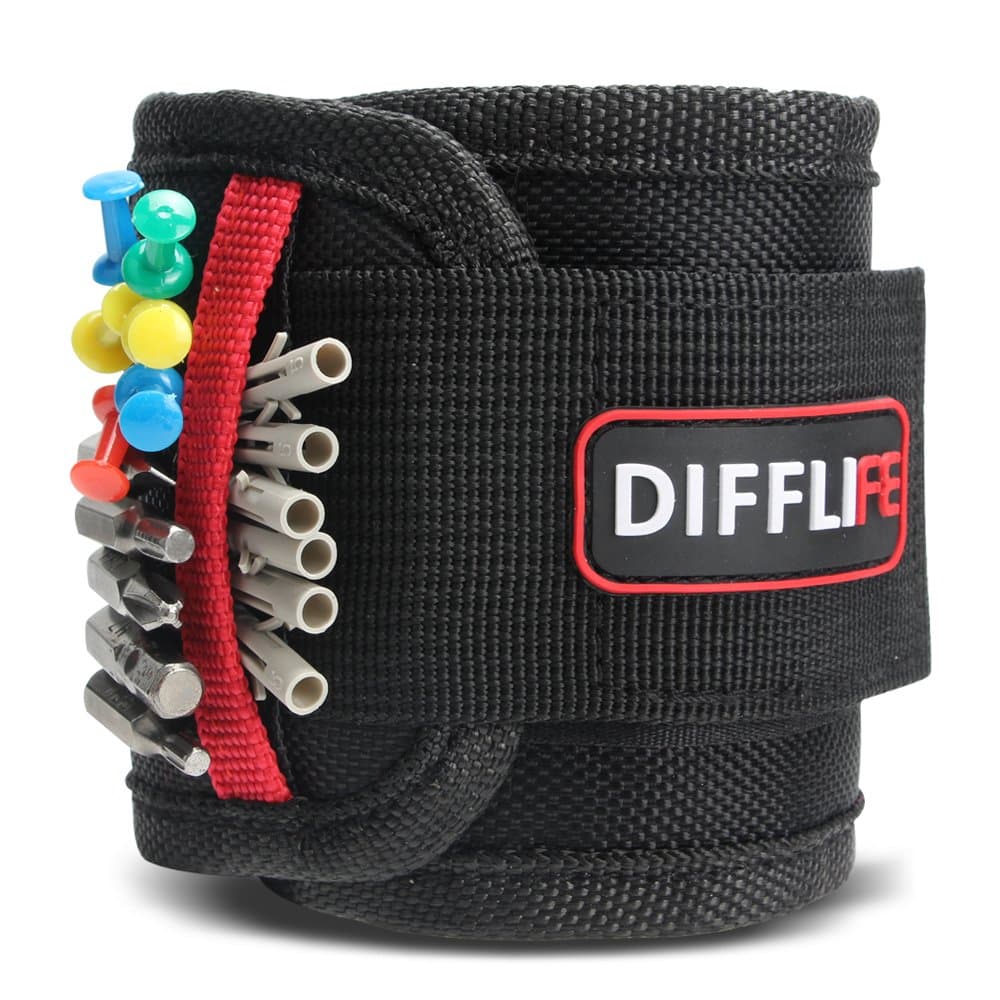 DIFFLIFE Magnetic Wristband, with 10 Strong Magnets for Holding Screws, Nails, Drilling Bits, Adjustable Wristband Tools with 2 Storage Pockets for Non-magnetic Perfect Gift for Men (Set of 1)