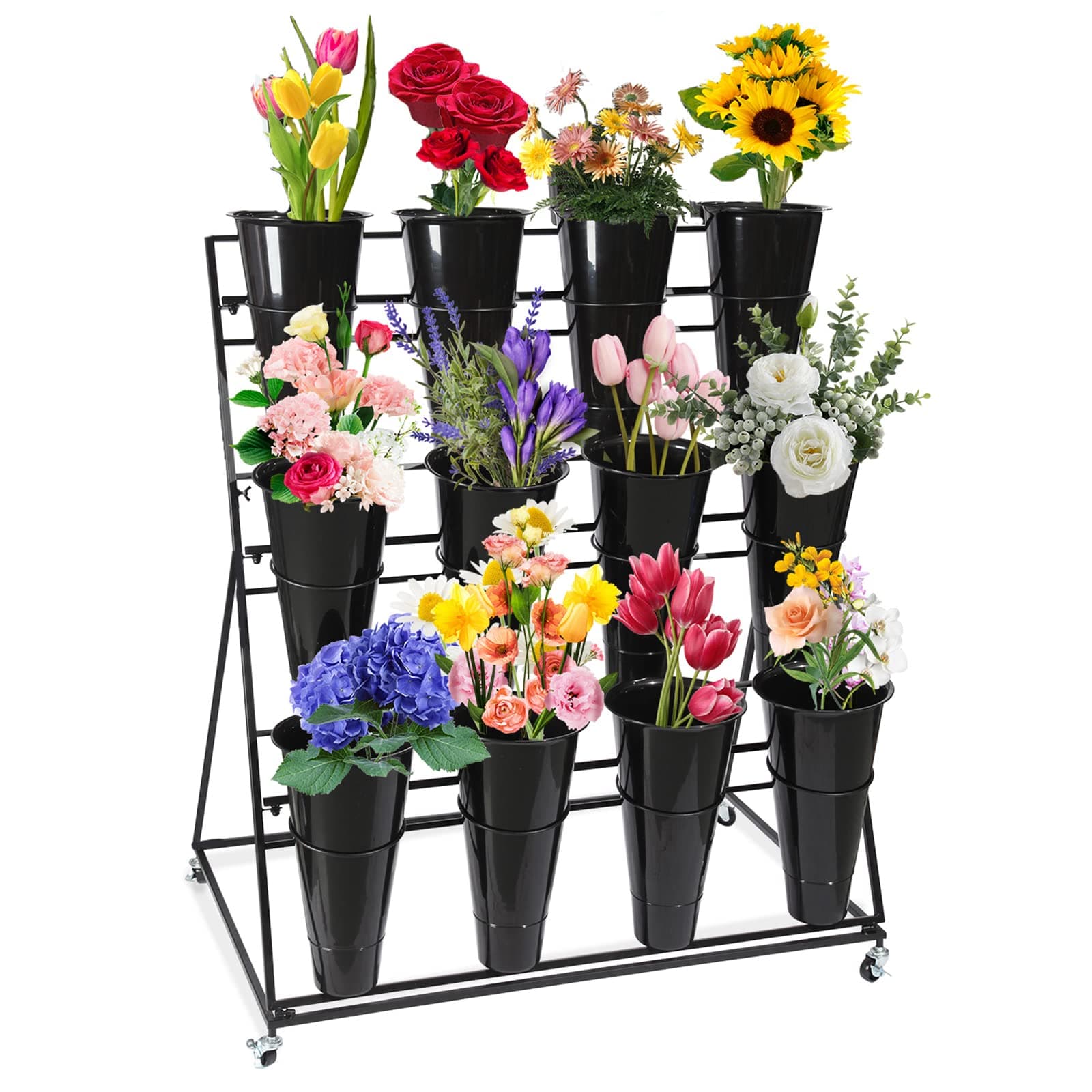 Flower Display Stand with Buckets, 3 layers Metal Plant Stand with Wheels, Moving Florist Bouquet Shelf for Fresh Flower Shop, for Patio Garden, Living Room, Outdoor Flower Pop-Up Events (Black Frame - Black Bucket)