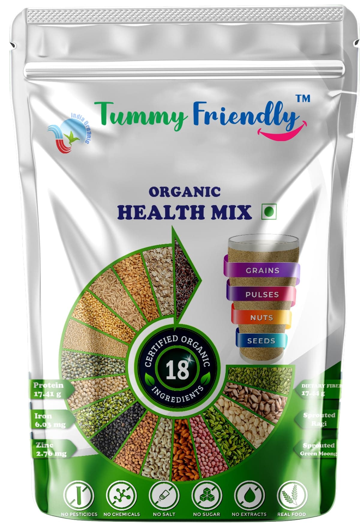 TummyFriendly Foods USDA Organic Health Mix Powder For Adults Organic | Multigrain Mix Powder For Adults and Kids | Health Mix Powder For Women and Kids with Sprouted Ragi Powder, Green Moong, Oats,