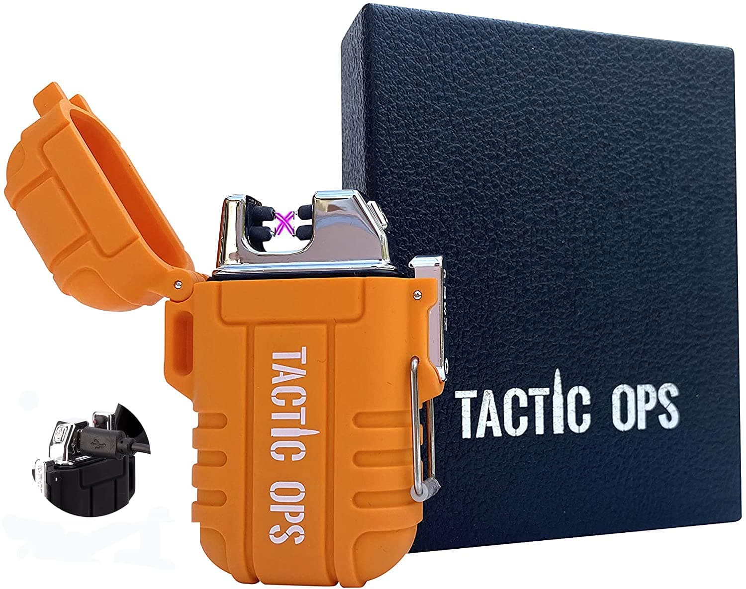 Rechargeable Military Windproof/Waterproof Lighter - Tactical Outdoor Dual Arc Electric - Great Outdoor Lighter for Camping AMD Hiking with an Emergency Whistle (Orange)