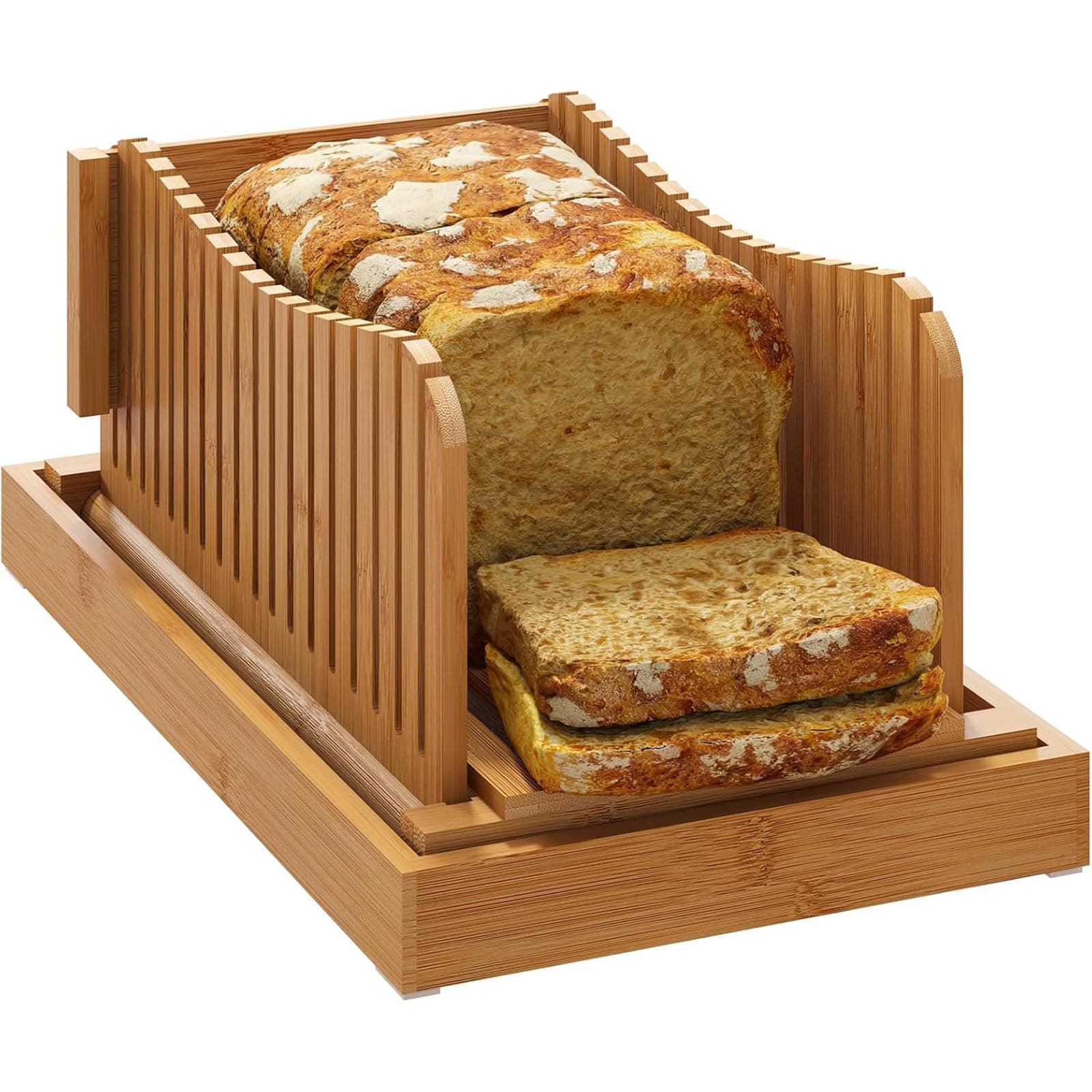 THE WHITE SHOP Bread Slicer, Bread Slicer for homemade Bread, Foldable Adjustable Slicing Width with Sturdy Bamboo Cutting Board, Cutting Bagels,31.7 * 23.7 * 6cm