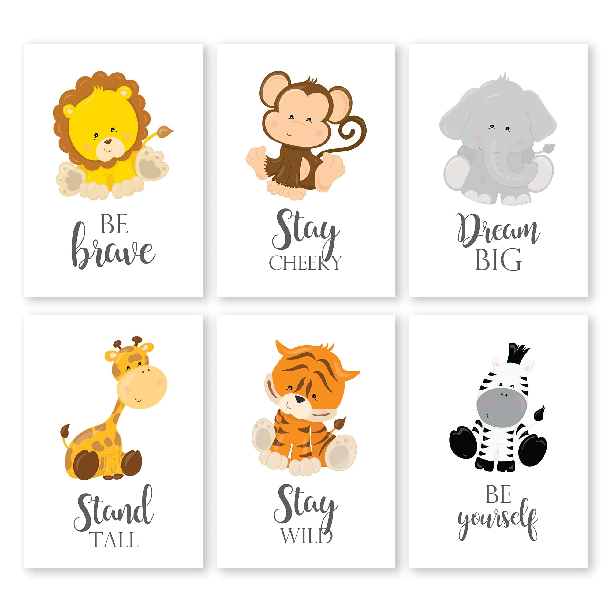 Jungle Animal Nursery Prints Set of 6, Gender Neutral Kid’s Room Wall Art, Baby Safari Animals Inspirational Quotes, Unframed Pictures, (A4 (21 x 29.7cm))