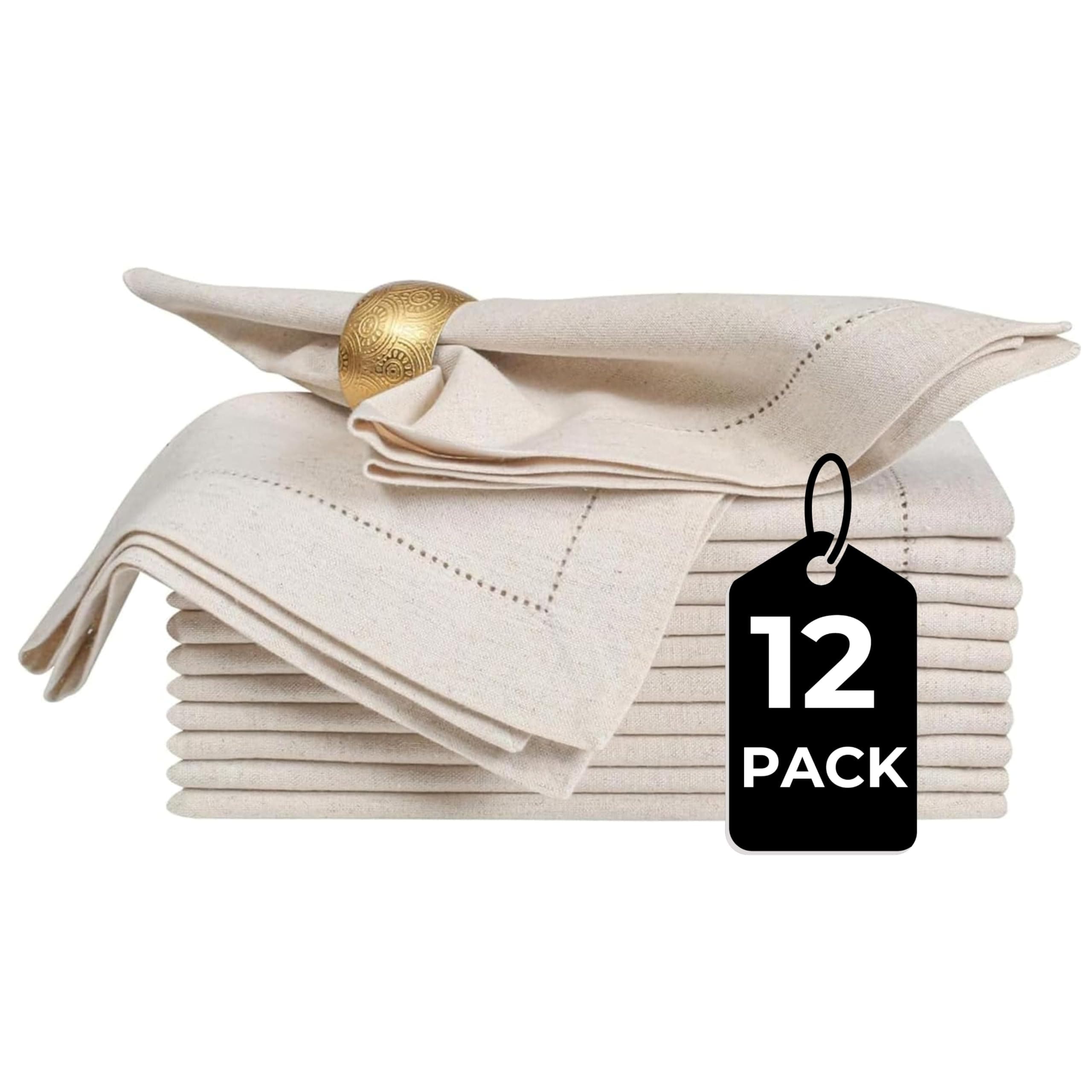 Linen Flax Cotton Cloth Dinner Napkins Set of 12 – 20x20 Natural Hemstitched Fabric – Machine Washable Elegant Reusable Table Napkins for Weddings, Parties & Dining Décor