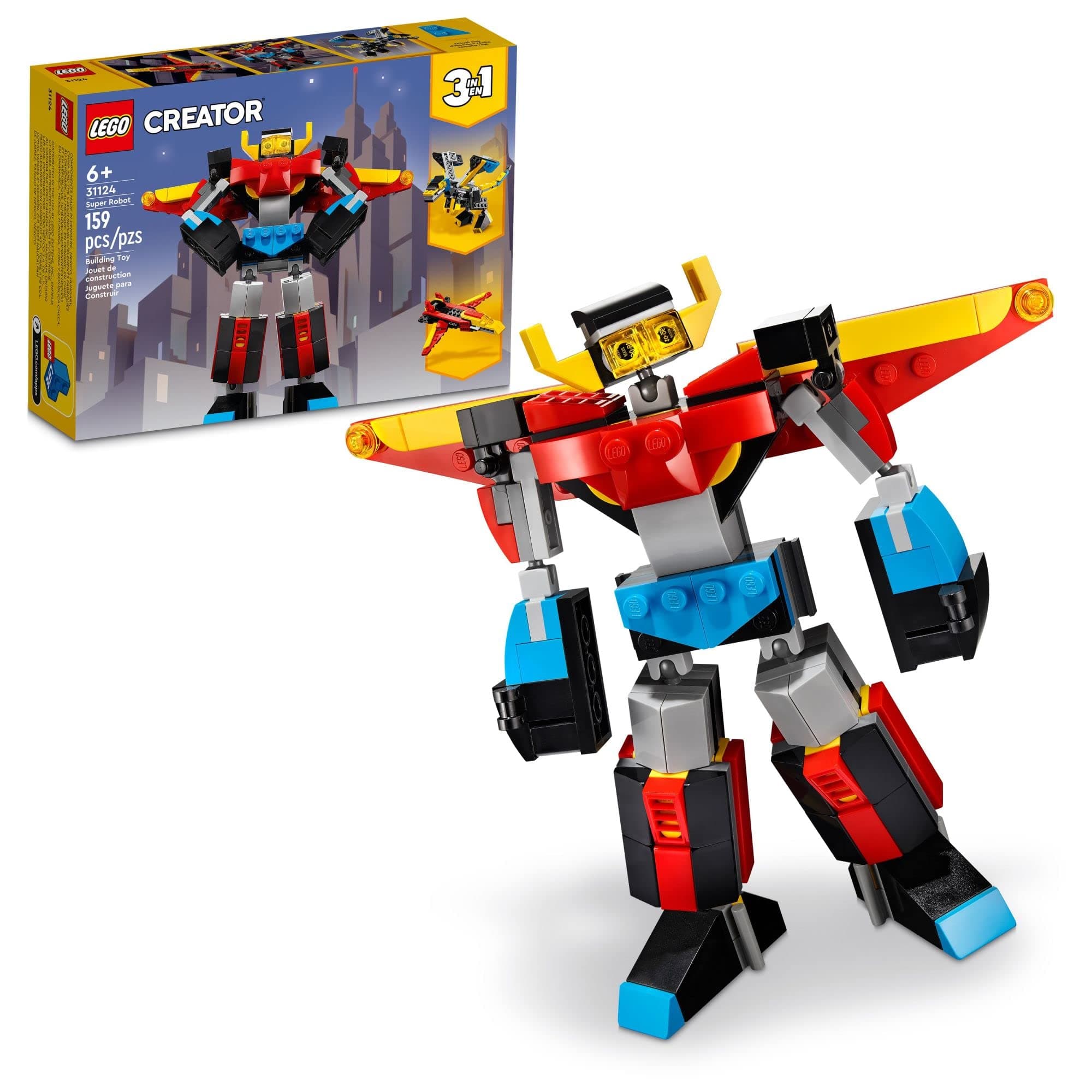 LEGOCreator 3in1 Super Robot 31124 Building Kit Featuring a Robot Toy, a Jet Airplane and a Dragon Model; Creative Gifts for Passionate Fans Aged 7+ (159 Pieces)