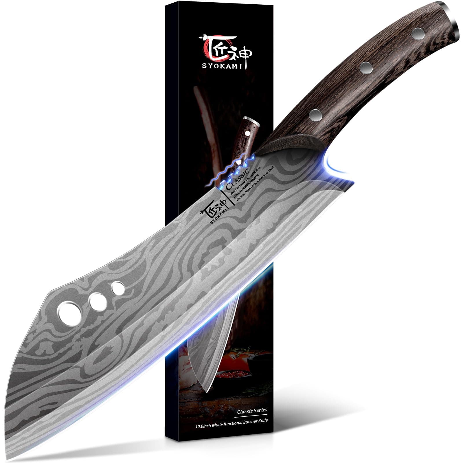 Butcher Knife, 10 Inch Meat Cleaver Chef Knife with Herb Stripper, Japanese Style High Carbon Steel Kitchen Knife for Chopping & Slicing, Damascus Pattern Full Tang Wood Handle Ideal for Gift