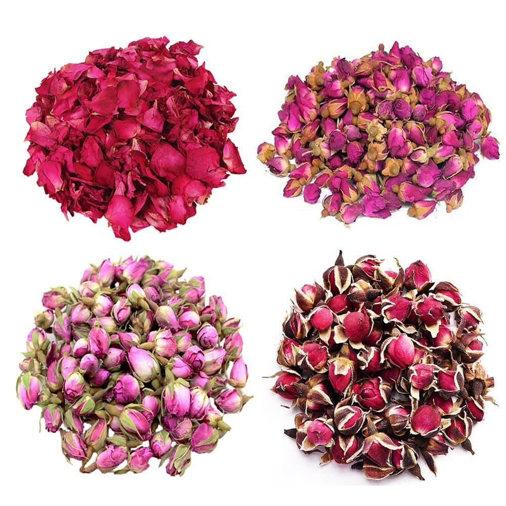 TooGet Flower Petals and Buds Variety Rose 4 Bags includes Rose Petals, Rose Buds, Rosa Damascena, Golden-rim Rose, Green Tea Bulk Flower