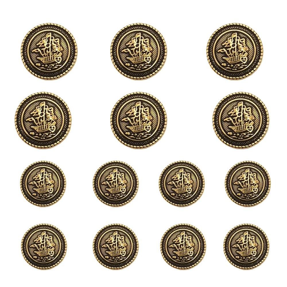 14 Pieces Old Gold Button Vintage Antique Metal Buttons Set 15mm 20mm for Blazers, Suits, Sport Coats, Uniform, Jackets (MBM29)