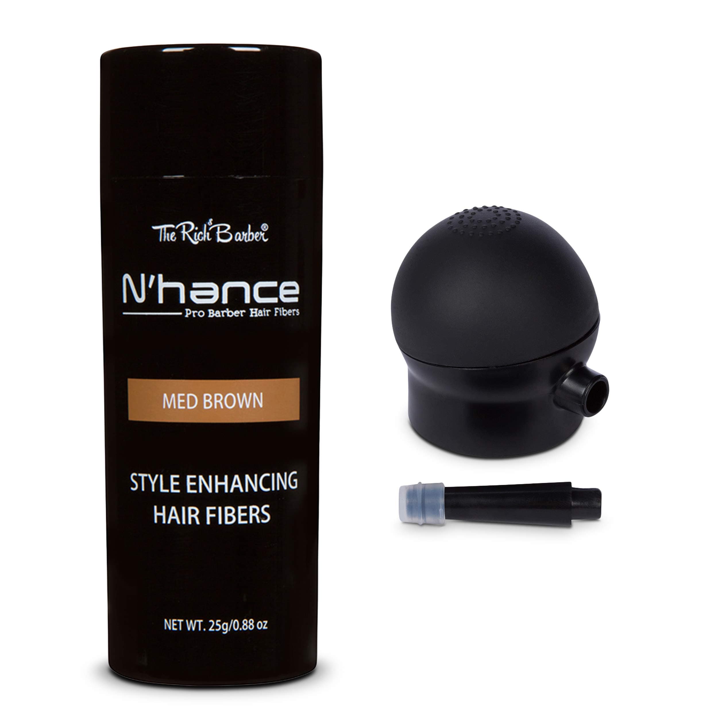 The Rich Barber N’Hance Hair Fibers & Applicator Set | Natural Concealing Hair Thickening Fibers | Long-Lasting Spray with Accessory For Crisp Hairlines, A Thicker Beard & Styling (Med Brown)