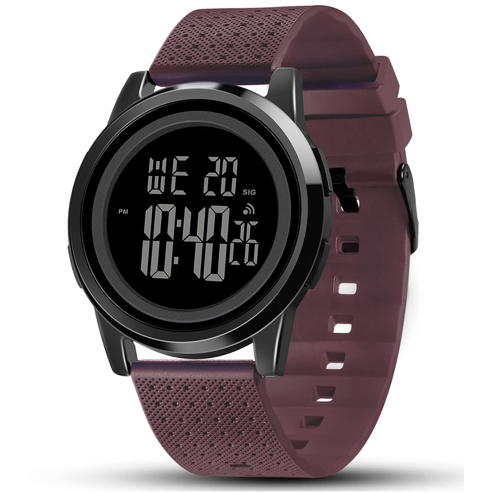 Mens Watch Ultra-Thin Digital Sports Watch Waterproof Stainless Steel Fashion Wrist Watch for Men Women, Burgundy, L, Ultra-thin Digital sports watch