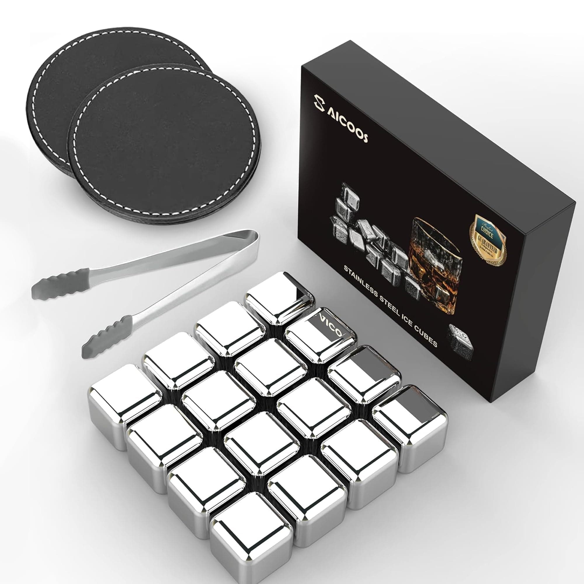 16 Pack Reusable Stainless Steel Ice Cubes for Drinks - Metal Whiskey Stones, High Cooling Technology, for Whiskey, Vodka, Liqueurs, Wine, Beverage Juice or Soda, Pack of 16