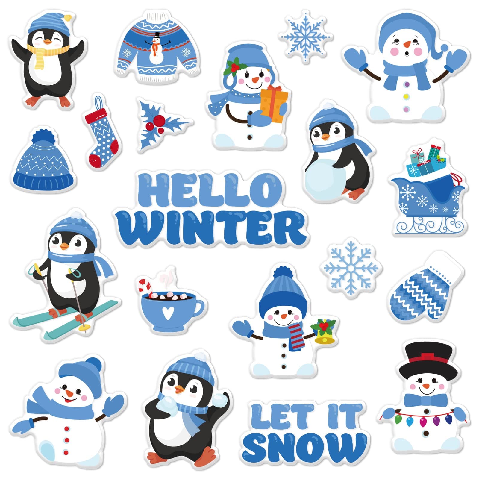 Whaline 40Pcs Winter Thick Gel Clings Snowman Penguin Snowflake Window Gel Decals Reusable Cute Hello Winter Window Clings for Home Classroom Nursery Christmas Party Supplies Gift, 2 Sheets