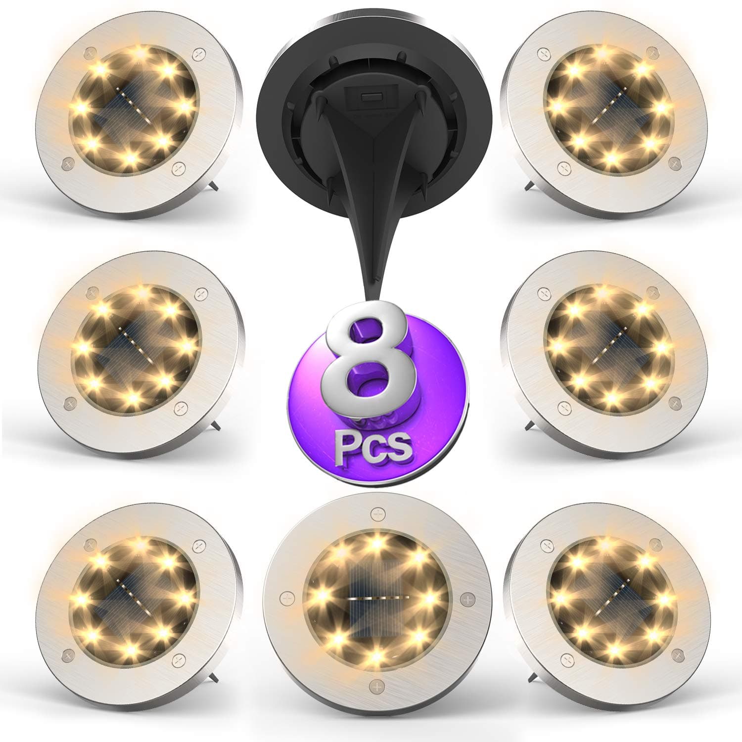 Solar Lights Outdoor,Disk Lights Solar Powered 8 LED ,Outdoor in-ground Solar Lights for Landscape Walkway Lawn Steps Decks, LED lamp, Waterproof(Warm White)