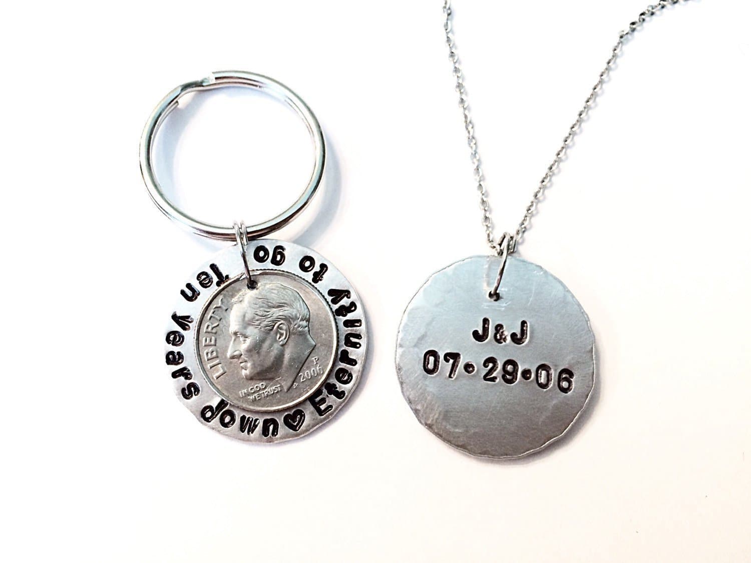 Matching 10th Anniversary Gift Set -"Ten years down <3 Eternity to go" - Gifts for Him & Her - NECKLACE and KEYCHAIN - Aluminum Tin - Traditional 10 Year - Dime Decade Coin Jewelry