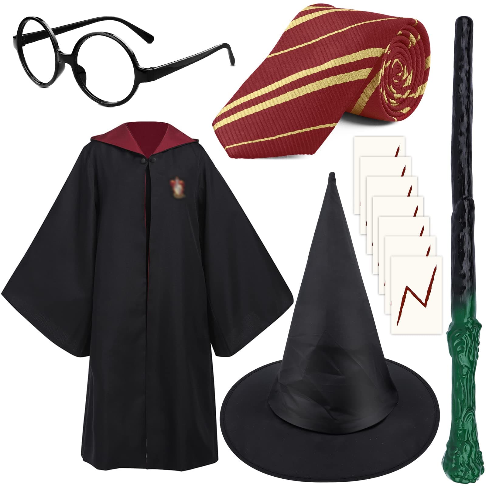 – Magic Unisex Costume Robe Cape Accessories with Wizard Wand Tie Magic Hat Glasses Frame Tattoo for Boys Girls Adults Kids