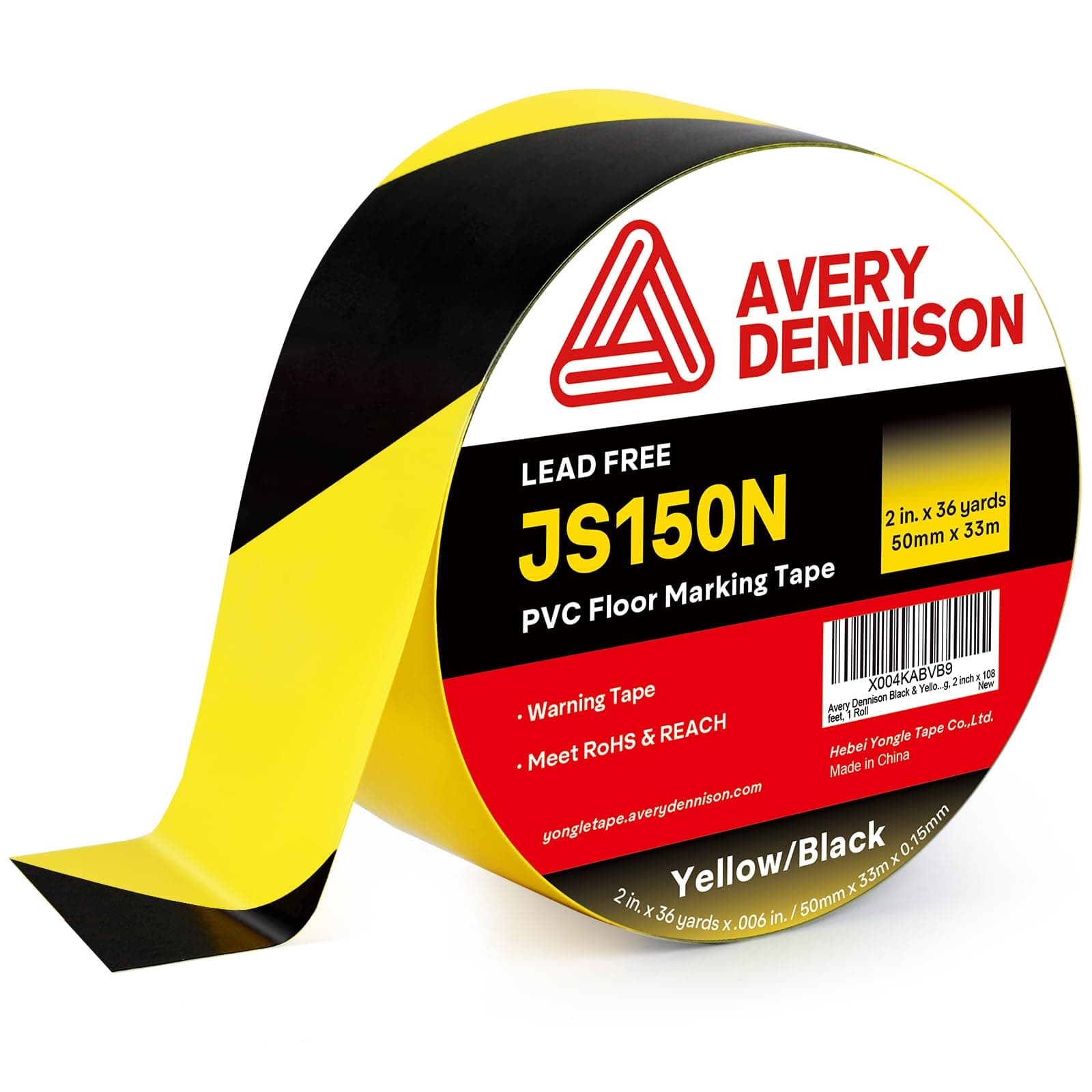 Avery Dennison Safety Floor Tape 2 Inch x 108 FT, Heavy-Duty PVC Forklift-Resistant, High-Visibility Reflective for Warehouse/Factory/Parking, Black & Yellow, ROHS/Reach Certified (1 Roll)