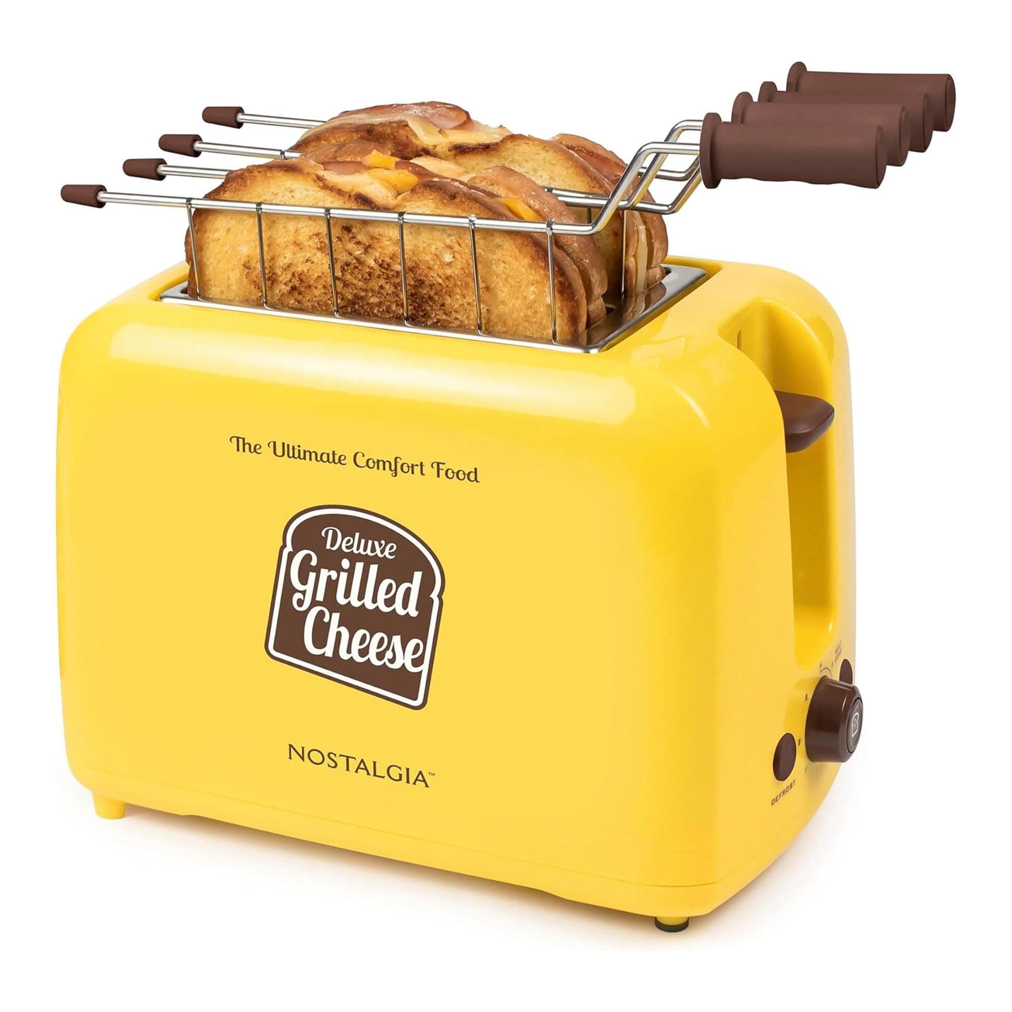 Nostalgia Deluxe Grilled Cheese Sandwich Toaster with Easy-Clean Toasting Baskets - Adjustable Toasting Dial and Extra Wide Slots - Yellow