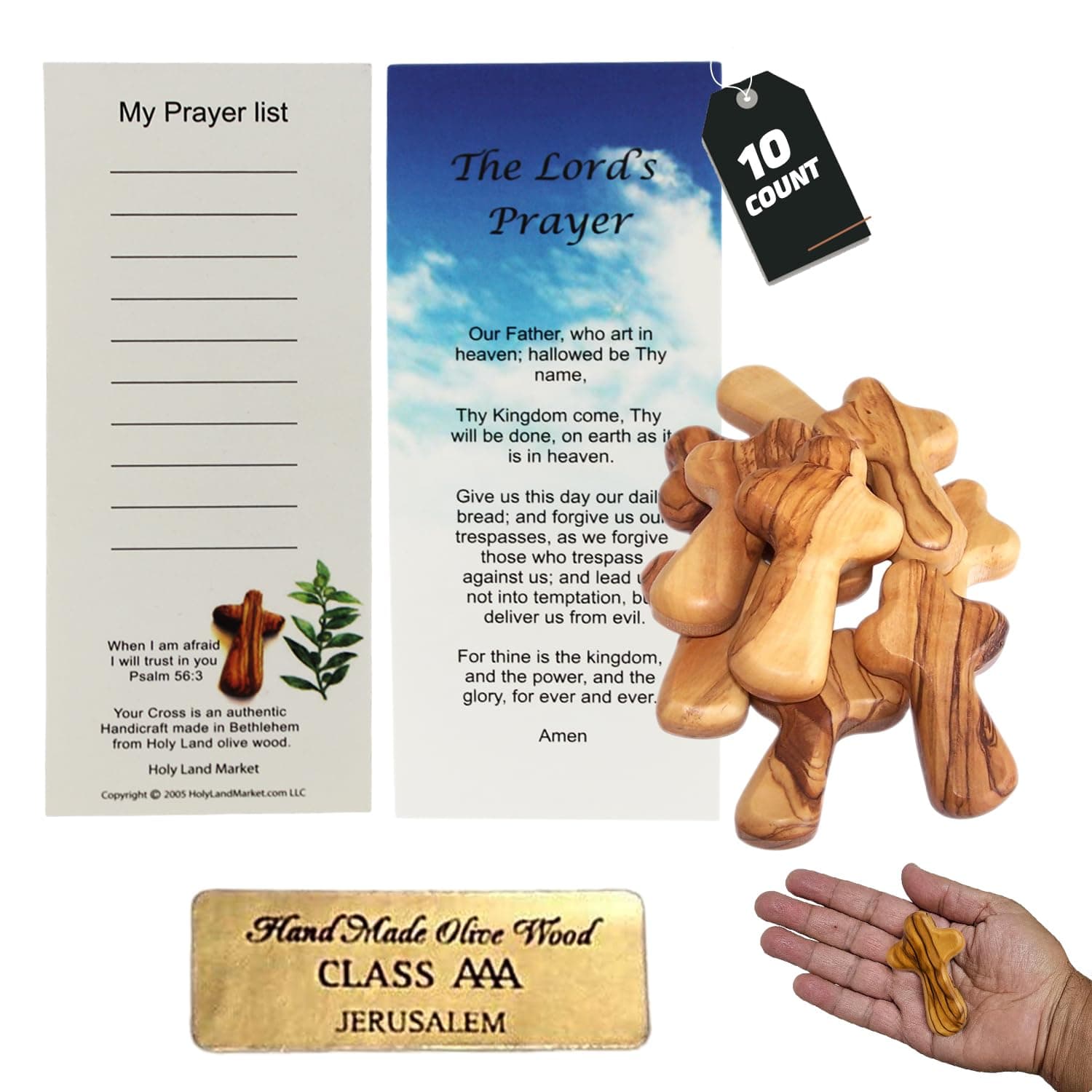 Holy Land Market 10 Olive Wood Crosses From the Holy Land - 2.5 Inch Pocket Palm Crucifix | Handmade Jerusalem, Bethlehem Israel - Gifts by Christians with Certificates -Holy Land Olive Wood Cross x10