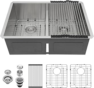 Lordear 28 Undermount Sink Double Bowl 28 Inch Kitchen Sink Undermount Low Divide Double Bowl 50/50 16 Gauge Stainless Steel Kitchen Sinks Handmade