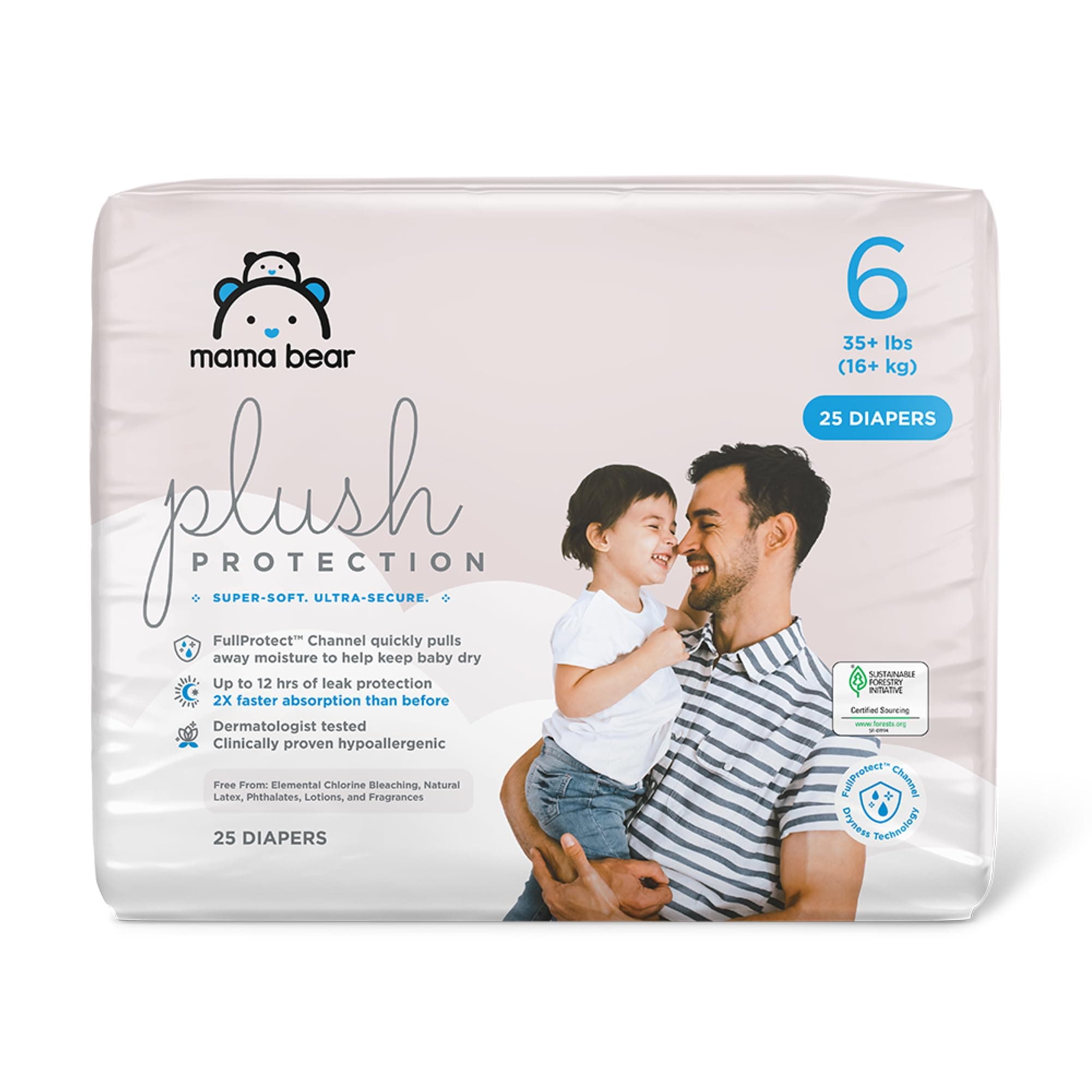 Amazon Brand - Mama Bear Plush Protection Diapers, Baby Dry with Leak Protection, Hypoallergenic Premium Disposable, Size 6, 25 Count, White and Cloud Dreams
