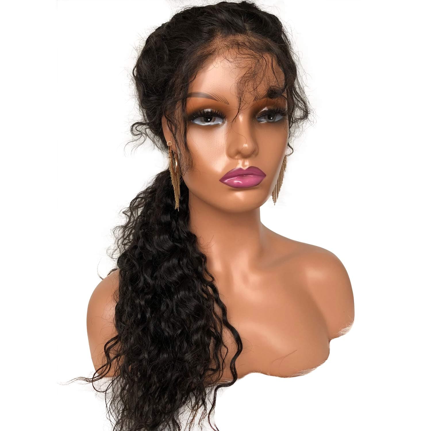 Realistic Female Mannequin Head with Shoulder Manikin PVC Head Bust Wig Head Stand with Makeup for Wigs Necklace Earrings Light Brown
