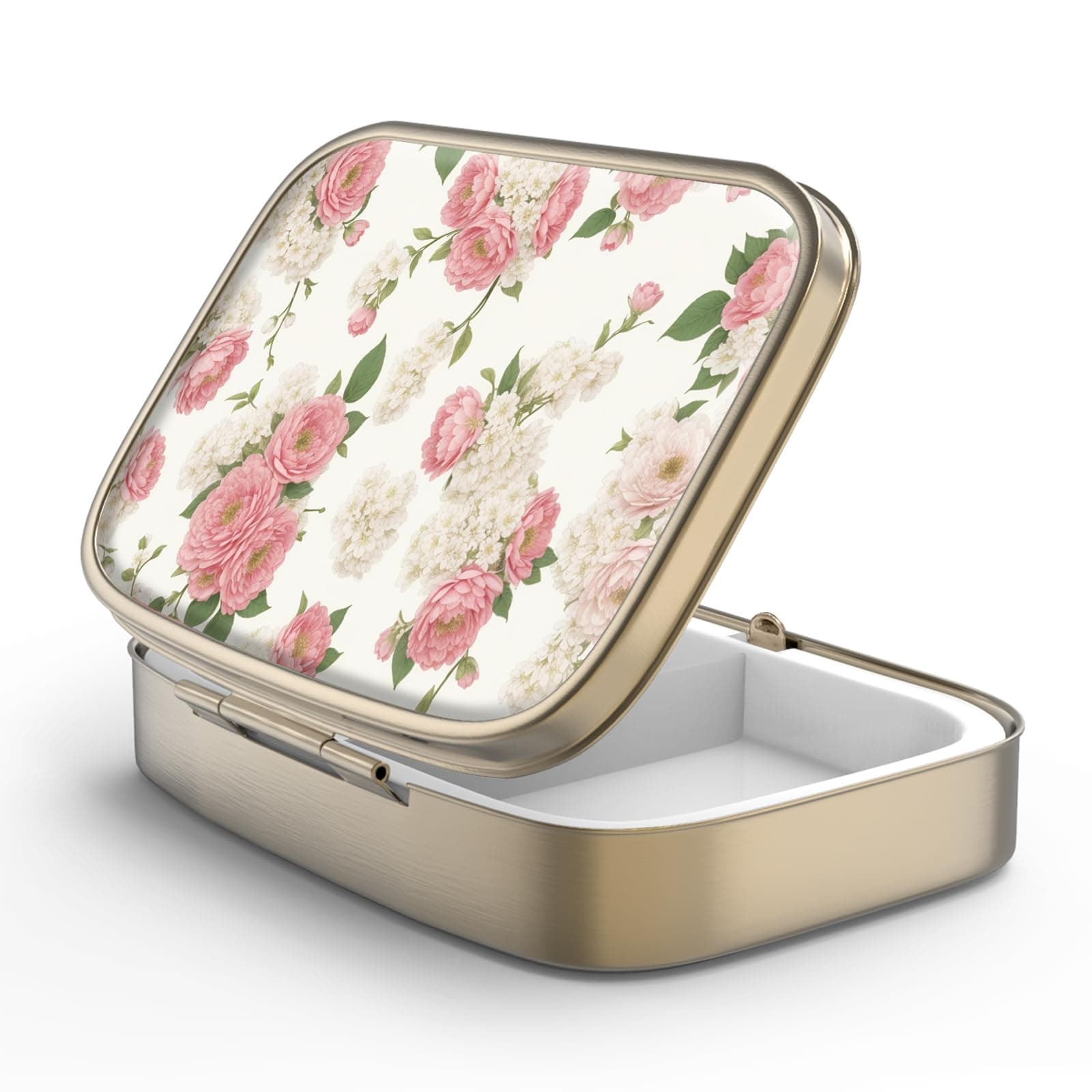 Pill Case Pill Box with Mirror Retro 2 Compartment Small Pill Case for Purse or Pocket Bronze Rectangular Pill Box or Vitamins, Fish Oil, Supplements, Pill Containe Travel Gifts(Retro Pink Floral)