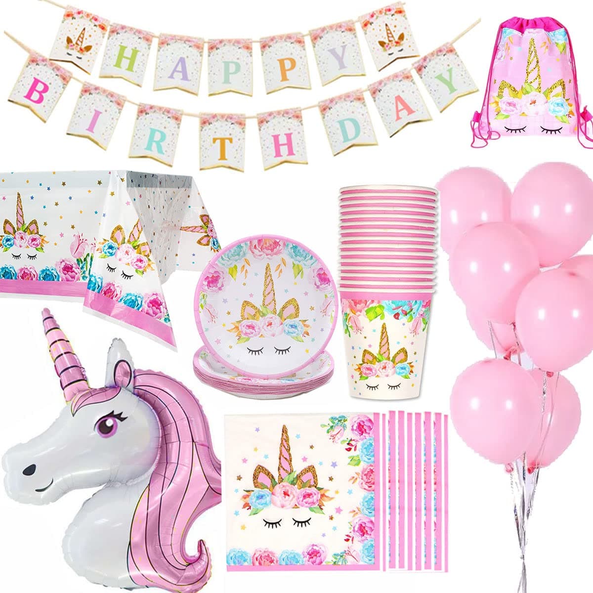 Jolily Unicorn Birthday Decorations Pack Supplies Tableware for 16 Guests, 1 Table Cloth Cover, 16 Cups, 16 Plates, 16 Napkins, HAPPY BIRTHDAY Banner, 1 Huge Size Unicorn, 10 Pink Balloons