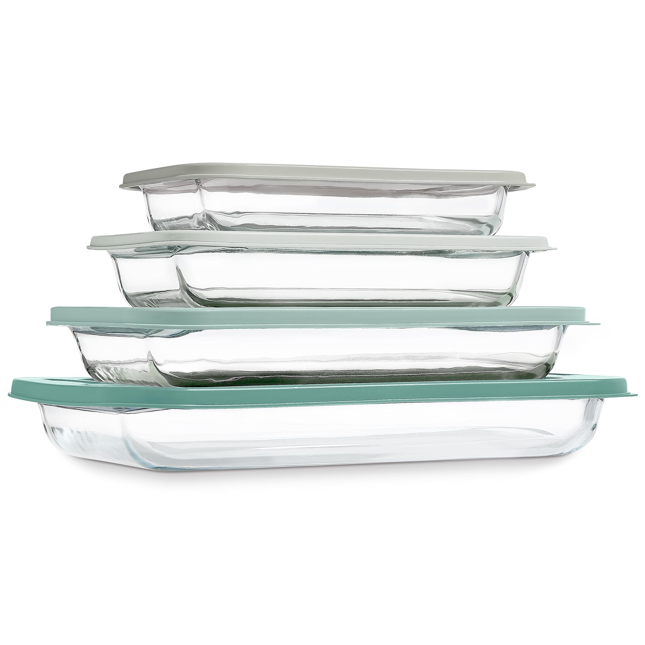 8-Piece Deep Glass Baking Dish Set with Plastic Lids – Casserole and Food Storage Containers for Lasagna, Leftovers – Freezer-to-Oven, Microwave & Dishwasher Safe, Sage
