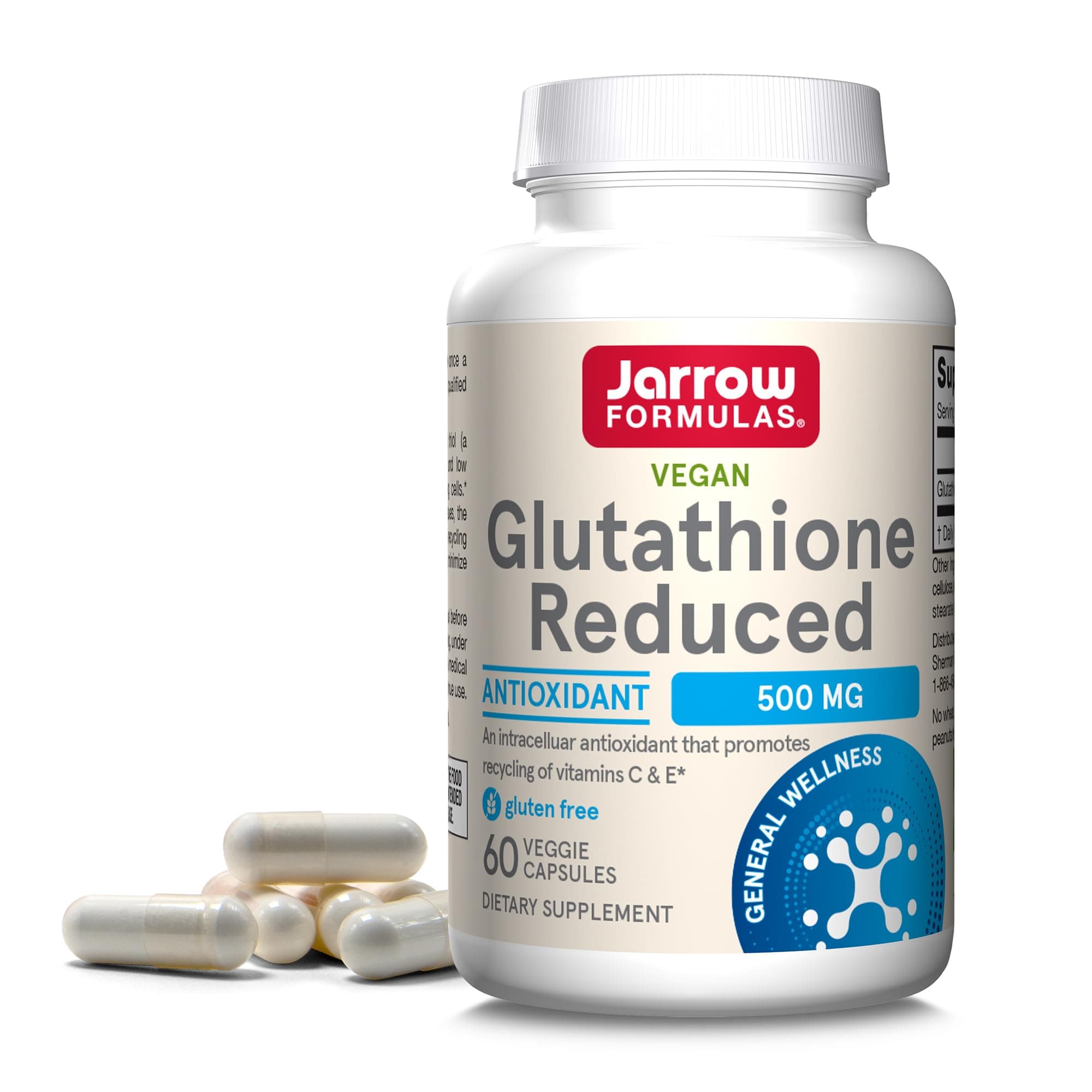 Glutathione Reduced 500 mg - 60 Veggie Capsules - Intracellular Antioxidant - Quality Glutathione Supplements - Supports Recycling of Vitamins C & E - Non-GMO - Gluten Free - Vegan