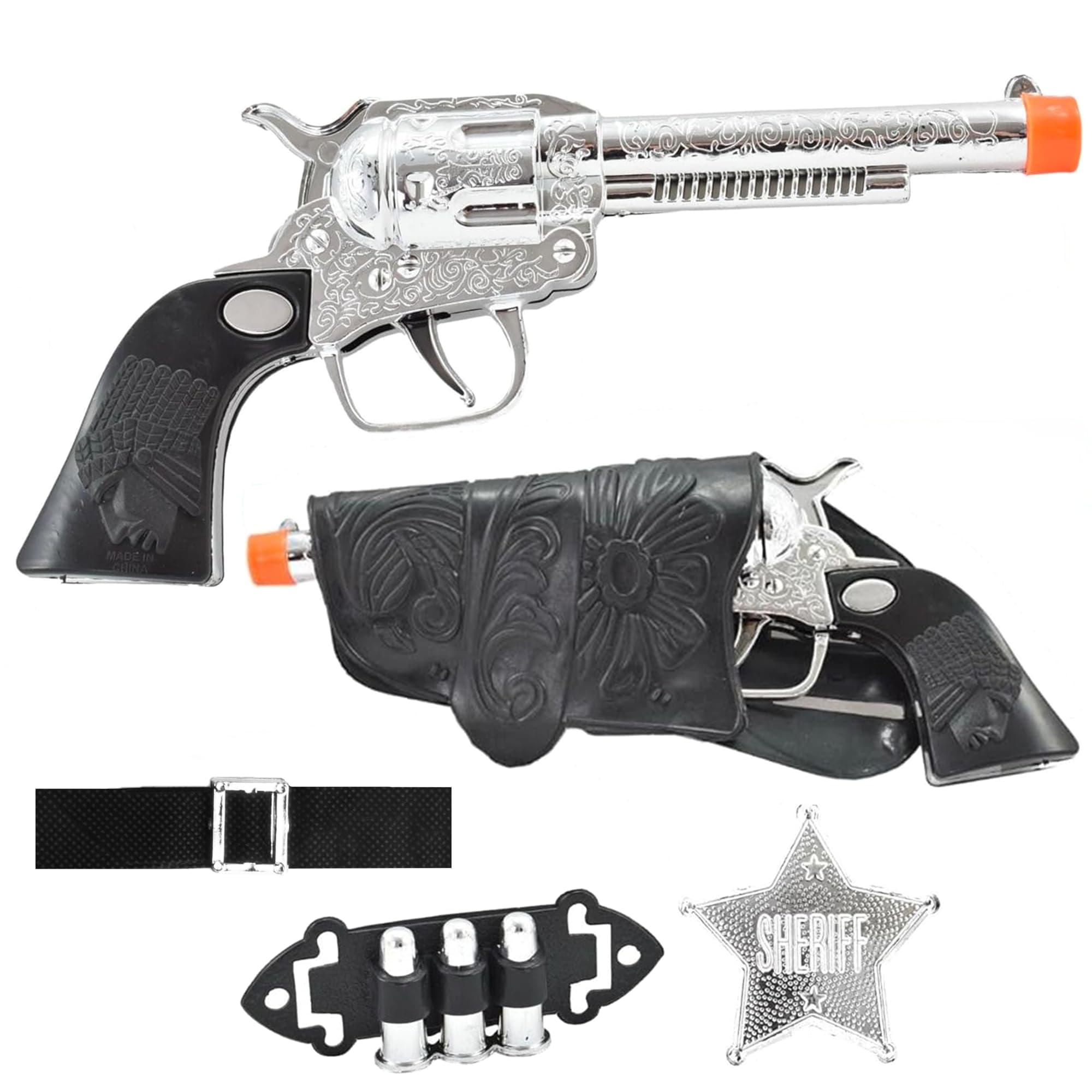 Wild Wild West Cowboy Sheriff Twin Gun Dress Up Set Complete with Holster Belt with Two Toy Guns, Bullets and Badge, Kids Pretend Role Play Fancy Dress Playset