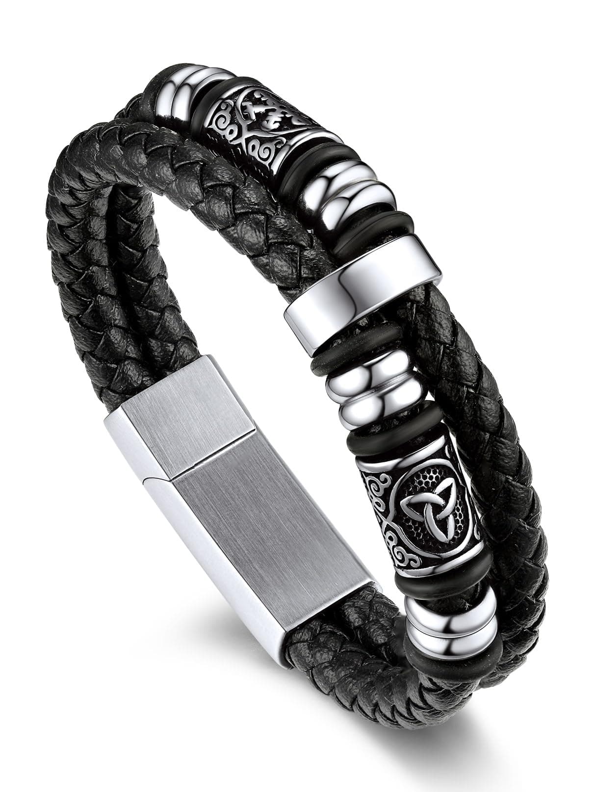 Mens Black Double Wax Rope Cuff Bracelets Waterproof Stainless Steel Norse Style Celtic Knot Beads Bracelet Wristband Gift for Men