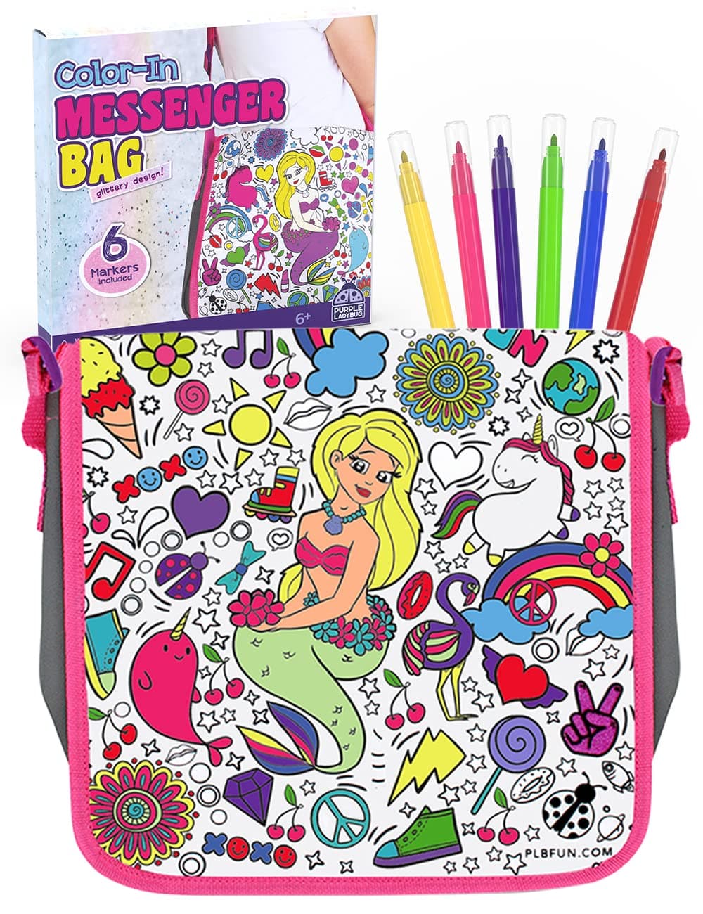 PURPLE LADYBUG Creative DIY Mermaid Messenger Bag for Girls with 6 Vibrant Permanent Markers, Color Your Own Mermaid Craft Kit - Oeko-TEX Certified, Art Activity Gift for Kids Ages 6 7 8 9 10 11 12