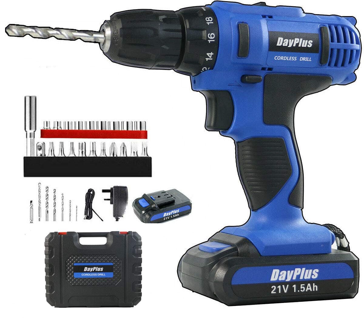 Cordless Drill Driver, 21V Cordless Electric Drill Driver with 1Pcs Li-Ion Battery,2 Speed Drill Driver with 18+1 Position Clutch, MAX Torque 45N.m,1H Fast Charger