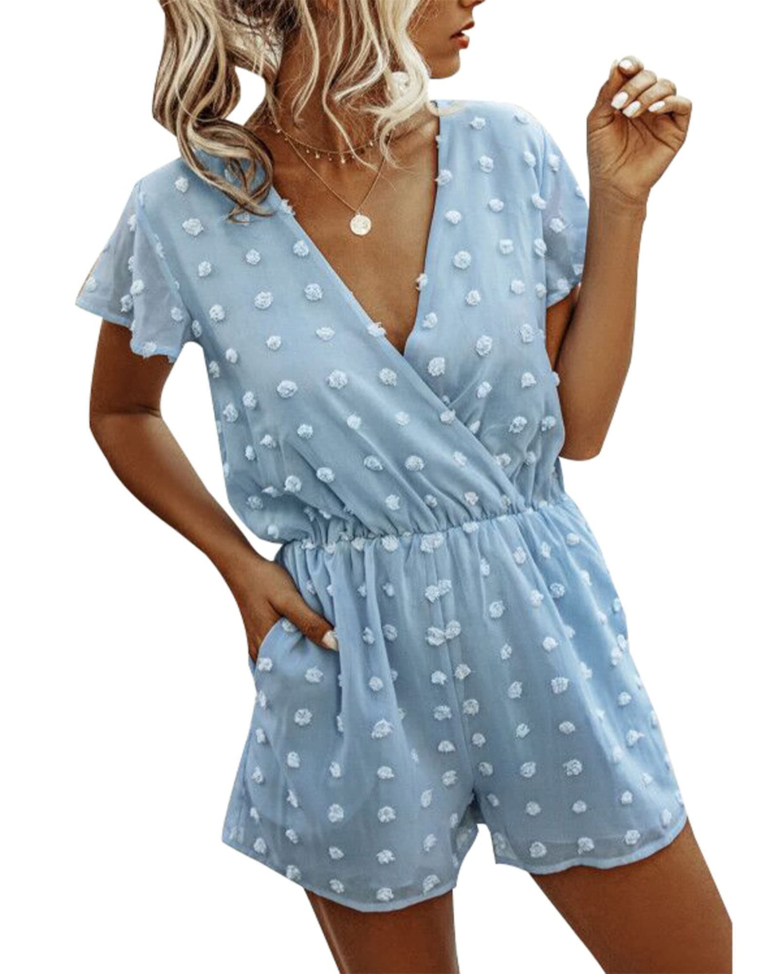 BTFBM Women 2024 Summer Fashion V Neck Wrap Rompers Swiss Dot Pocketed Elastic Waist Short Sleeve Beach Shorts Jumpsuit(Blue, Small)