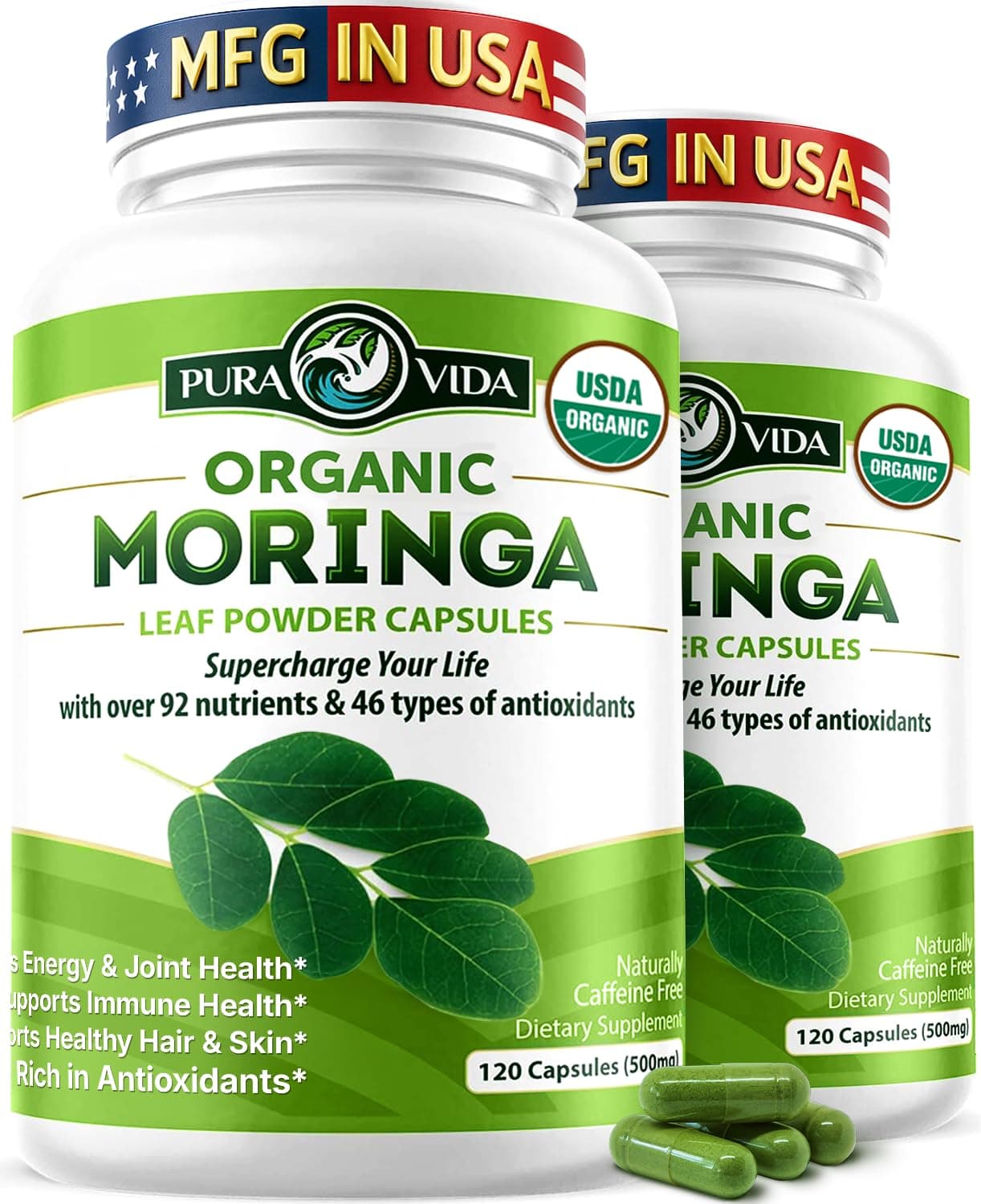 PURA VIDA MORINGA Organic Moringa Capsules Single Origin Moringa Powder Organic. Pure Moringa Leaf. Energy, Metabolism, & Immune Support. 120ct. 500mg Caps (Pack of 2)