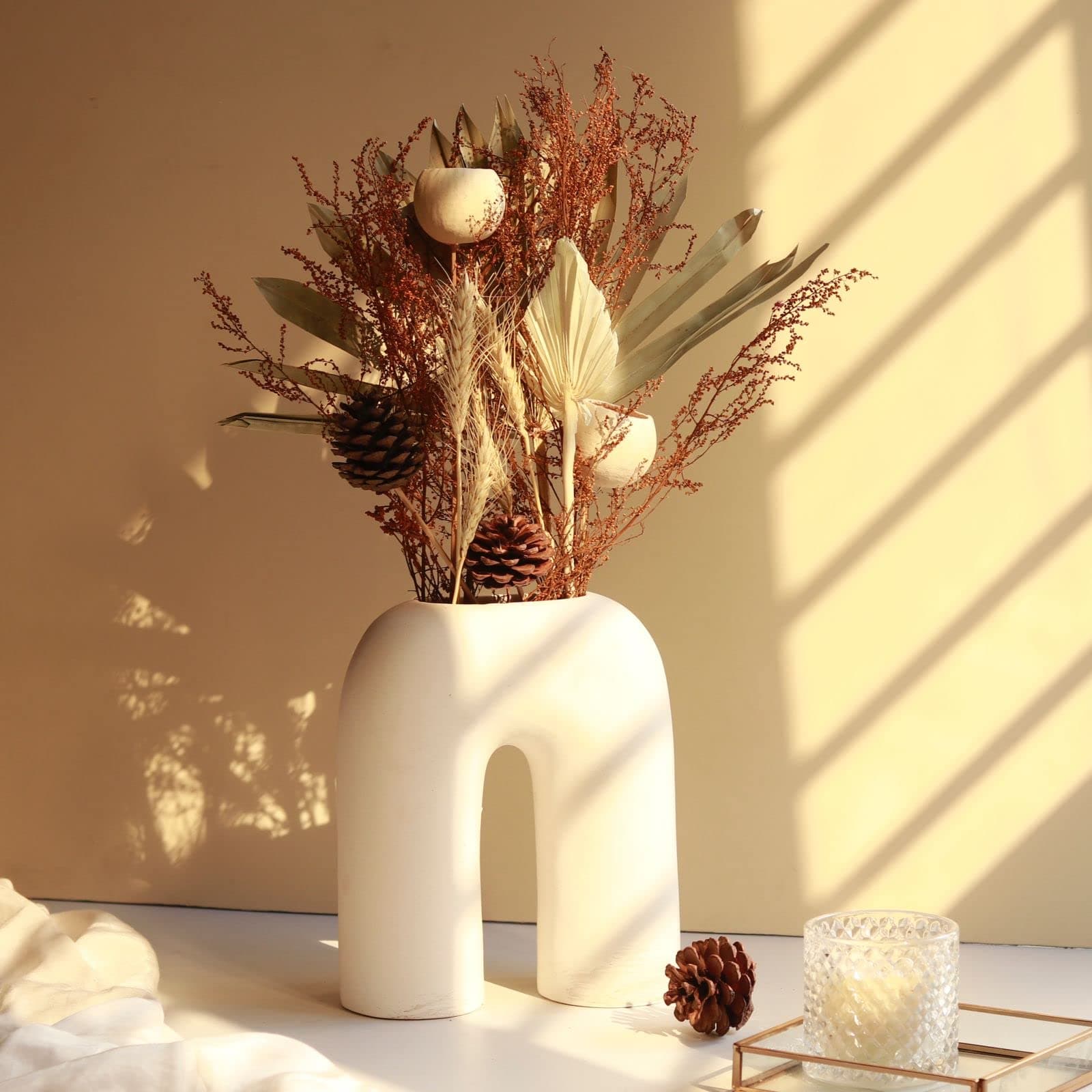 Inverted U Shape Ceramic Minimalist Aesthetic Flower Vase | Pampas Grass Vase | Ceramic Vase | Home Decor Centrepiece | vase for Home Decor | Matte Finish, 10 inches (White)
