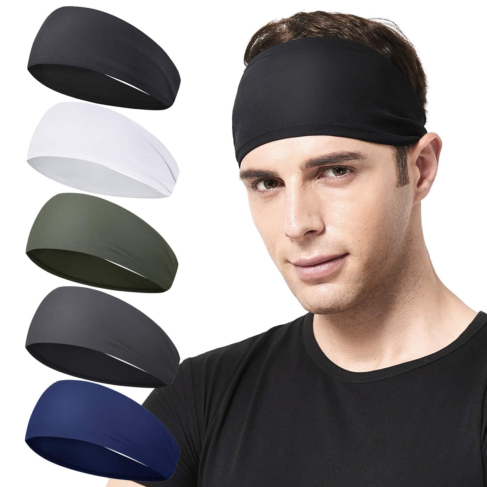 Mens Running Headband,5Pack,Mens Sweatband Sports Headband for Running,Cycling,Basketball,Yoga,Fitness Workout Stretchy Unisex Hairband