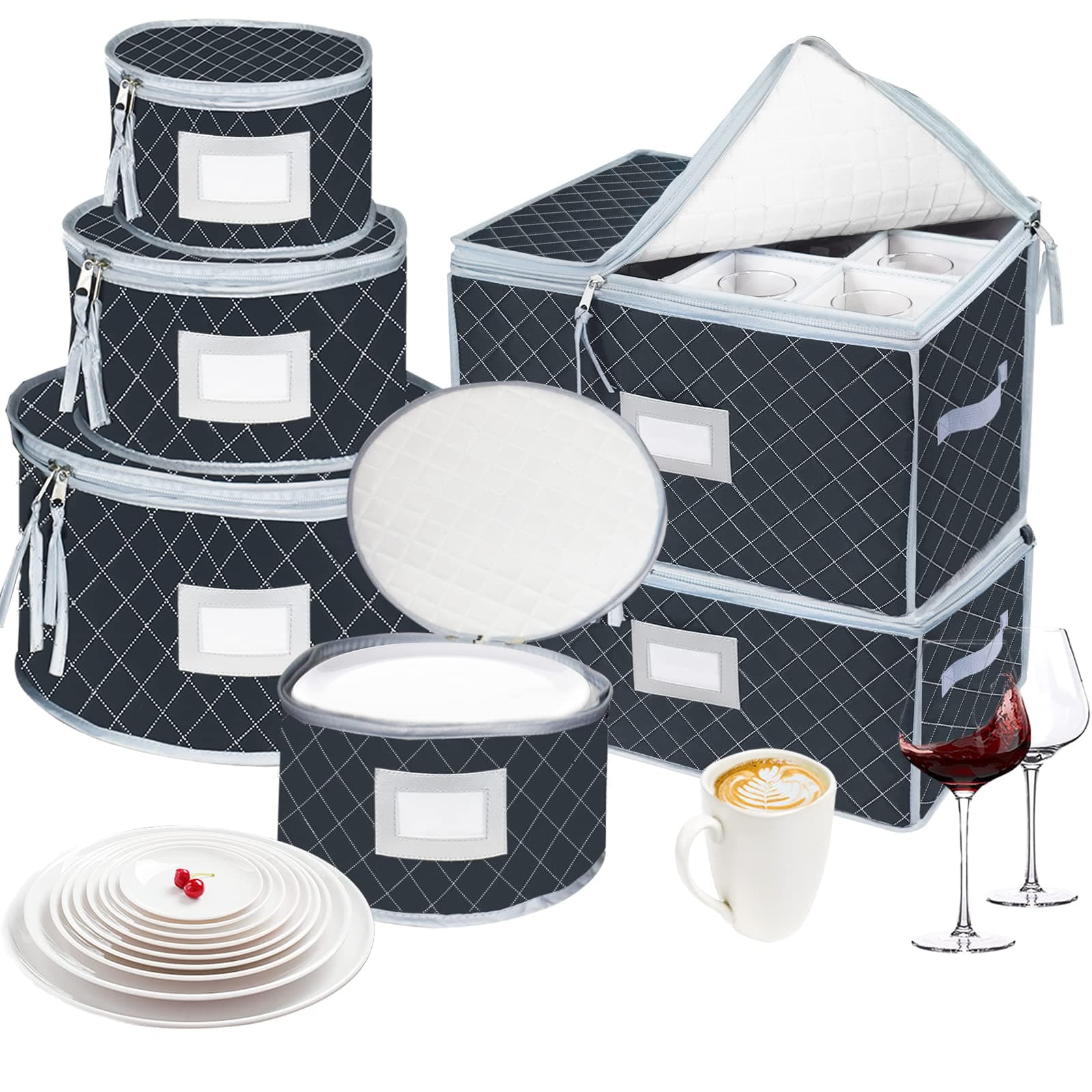 China Dinnerware Storage Containers Set- Dish,Mug,Stemware Storage Cases - Quilted Box Bins Stackable with Divider,handles,Clear Window for Cups,Plates,Wine Glasses Moving Set of 6 (Grey