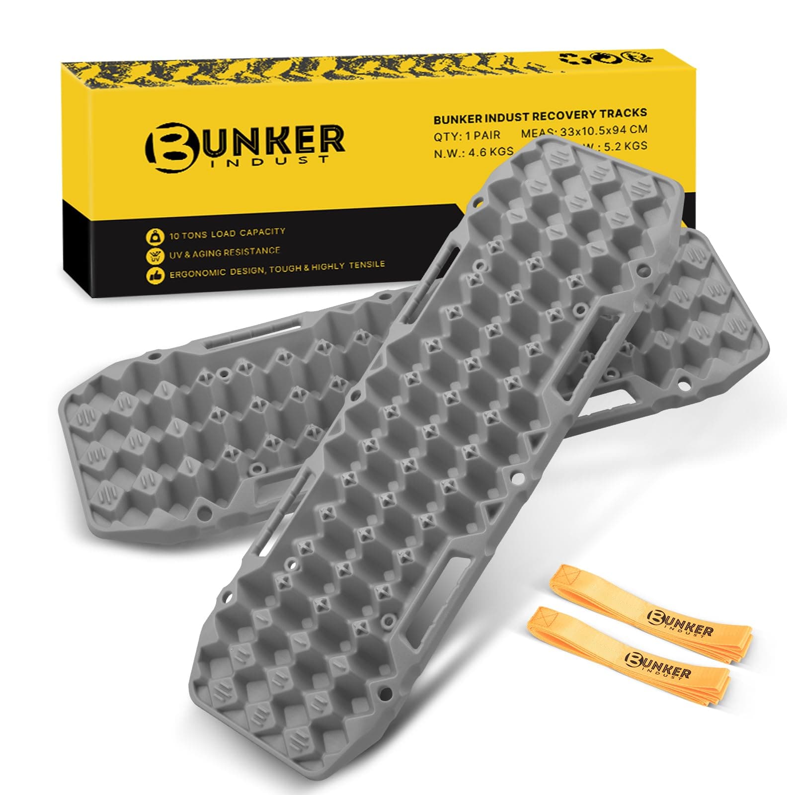 BUNKER INDUST Off Road Traction Boards, Pair Recovery Tracks Traction Mat for 4x4 Truck Jeep Mud, Snow, Sand Ramp-Grey Emergency Tire Traction Pads (Gen 10th)