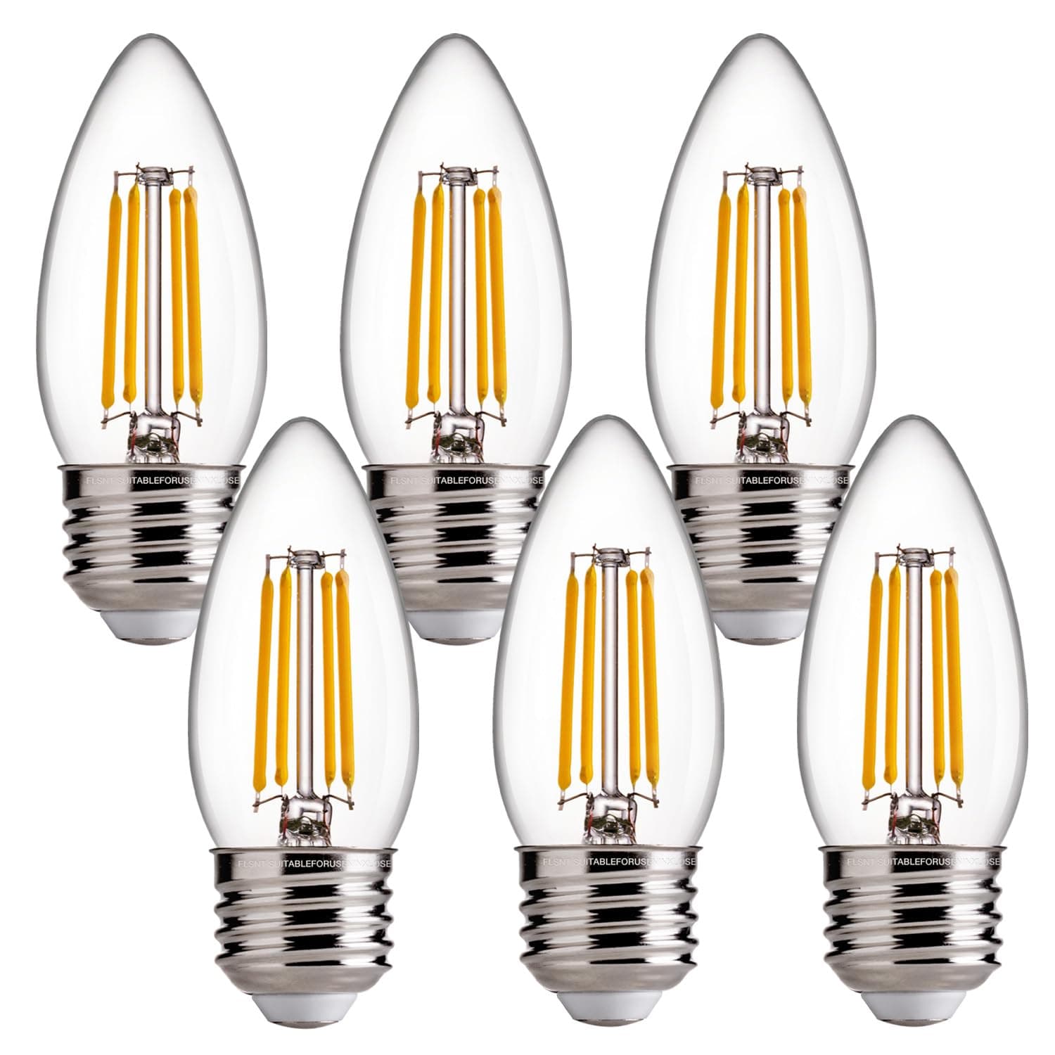60W Equivalent B11 E26 LED Candelabra Bulbs - FLSNT 4.5W Dimmable 2700K Soft White 6 Pack