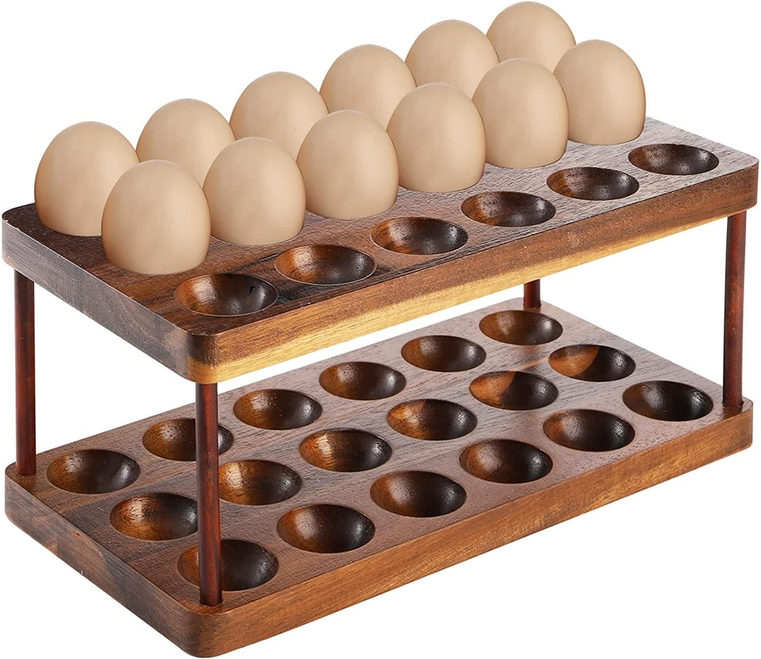 YOUEON Acacia Wooden Egg Holder with Double Layers, Detachable Wooden Egg Tray Holds 36 Fresh Eggs, Countertop Storage Rack for Gathering Fresh & Easter Eggs, Rustic Decor