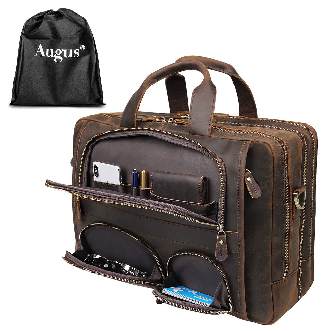 Augus Business Travel Briefcase Genuine Leather Duffel Bags for Men Laptop Bag fits 15.6 inches Laptop